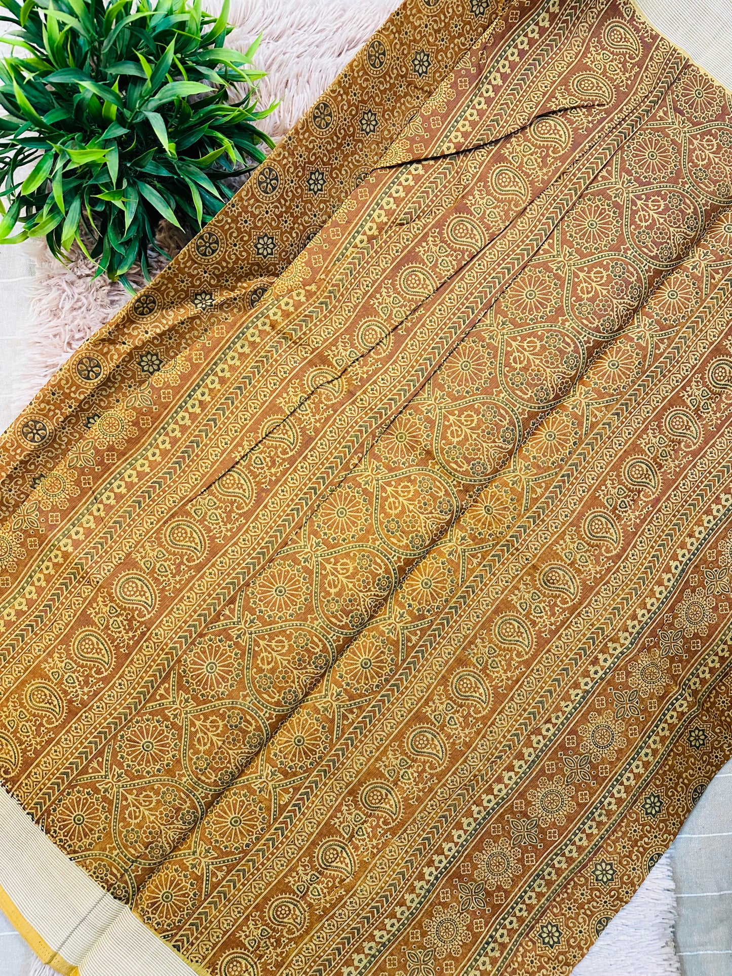Mustard Chanderi Cotton Ajrakh Printed Saree