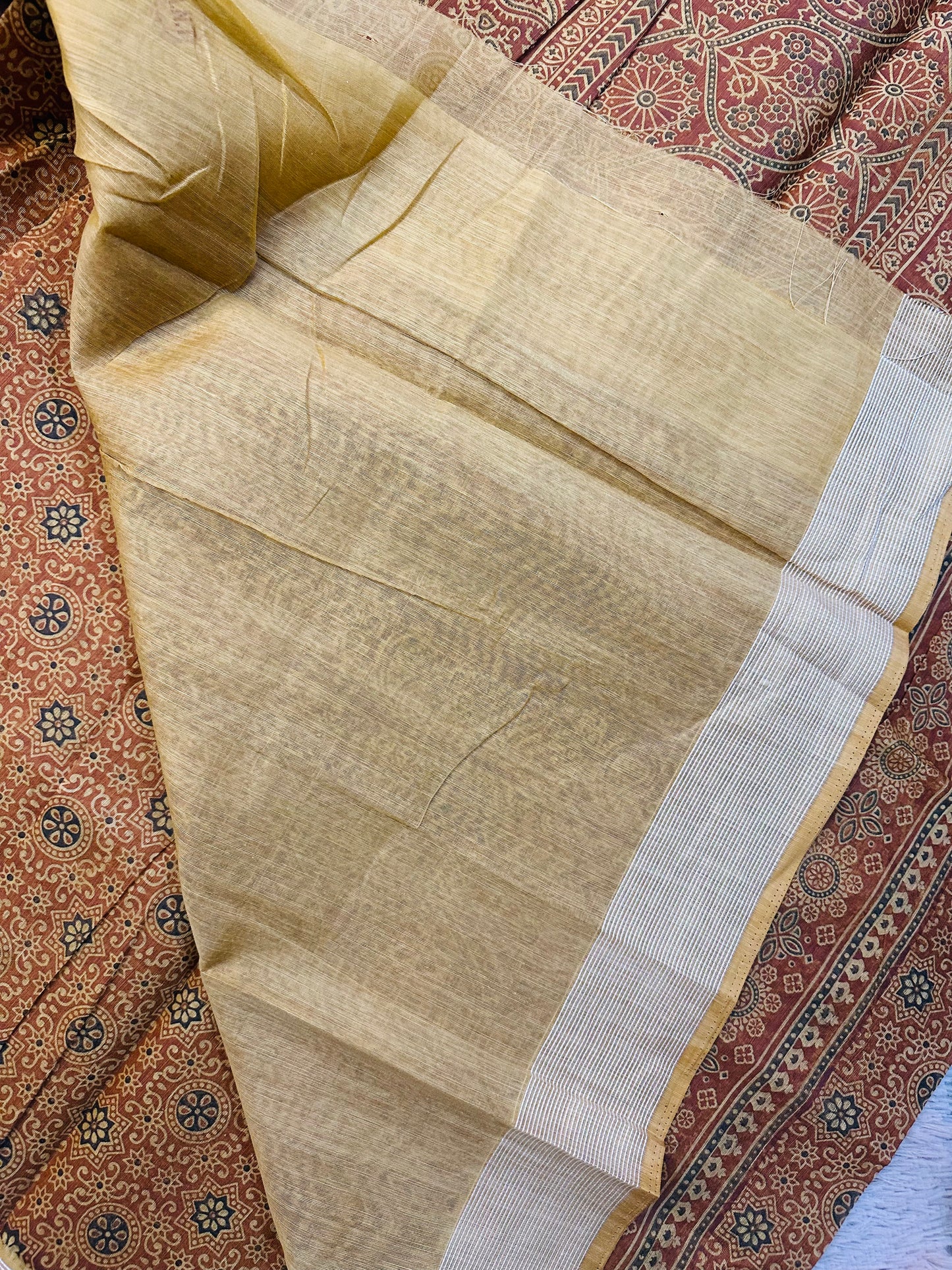 Mustard Chanderi Cotton Ajrakh Printed Saree