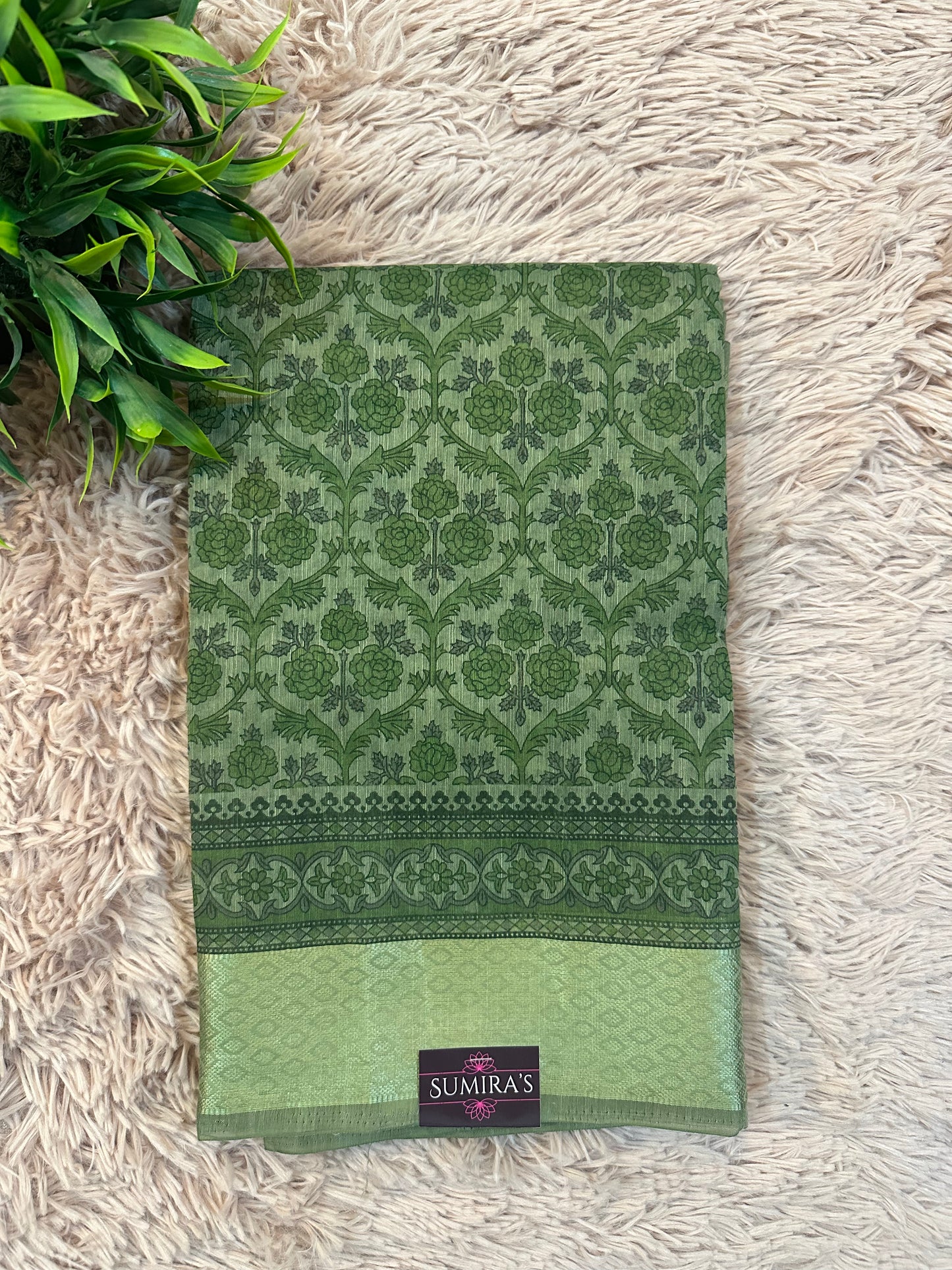 Green Chanderi Cotton Floral Printed Saree