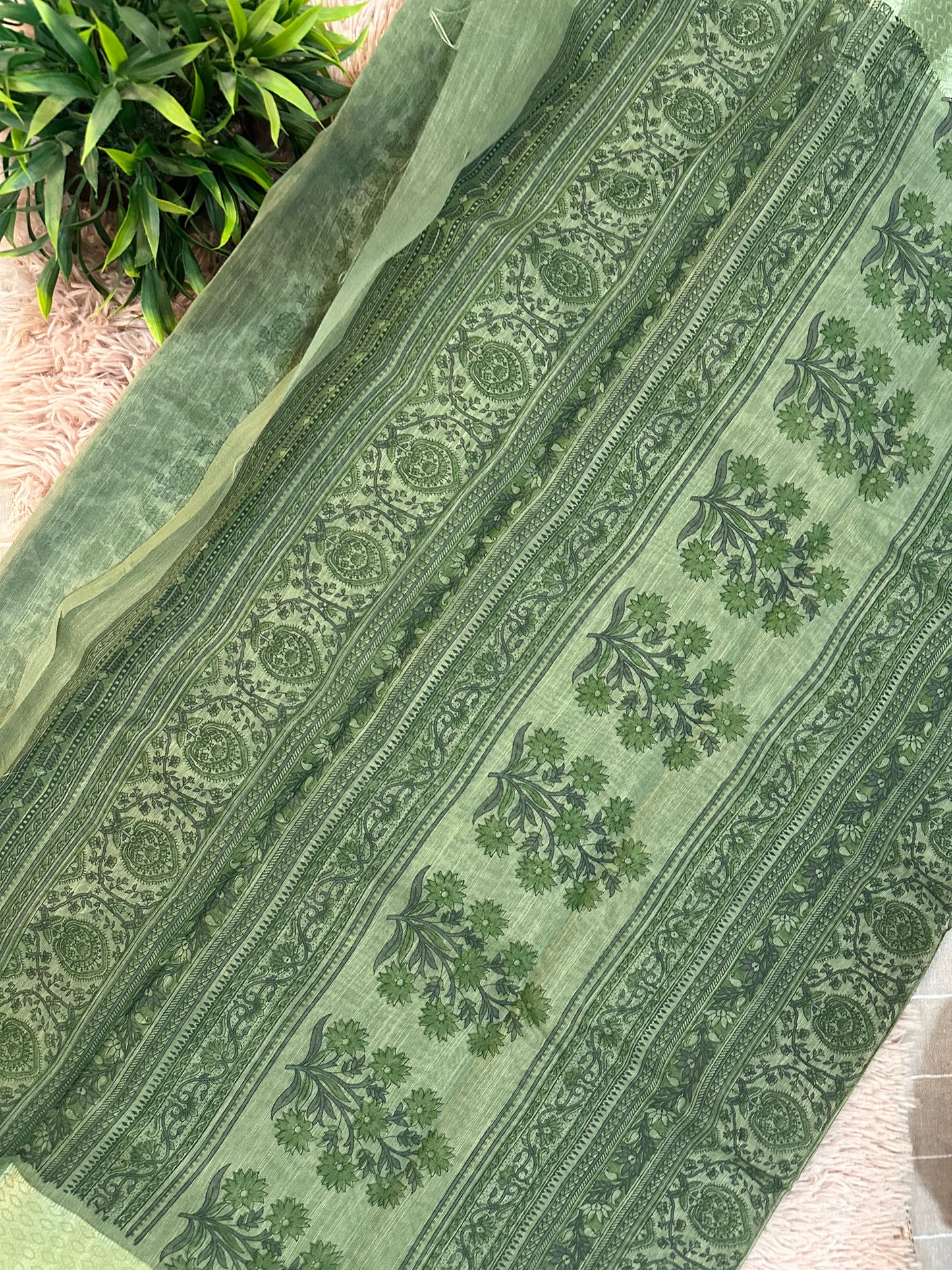 Green Chanderi Cotton Floral Printed Saree
