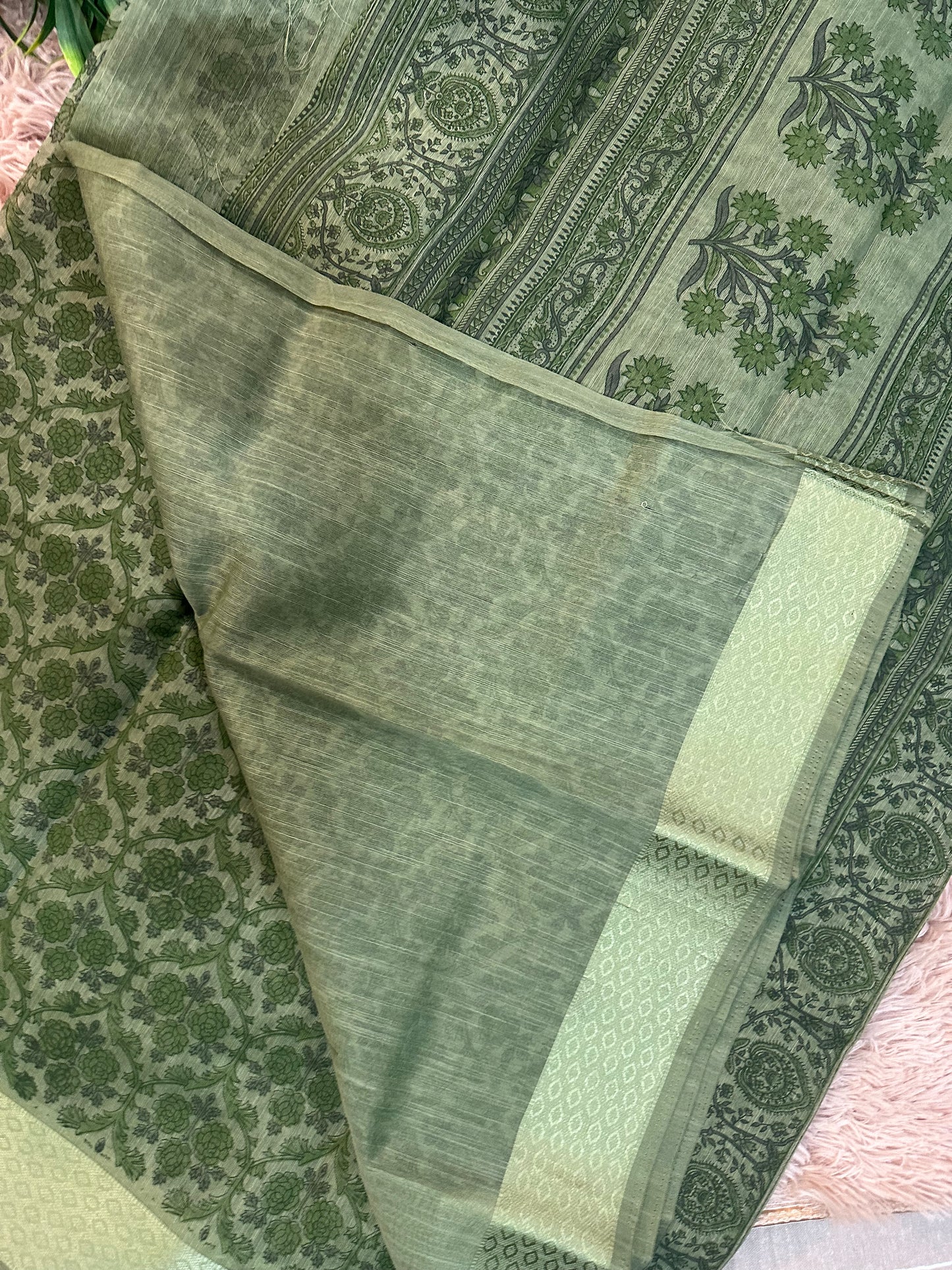 Green Chanderi Cotton Floral Printed Saree