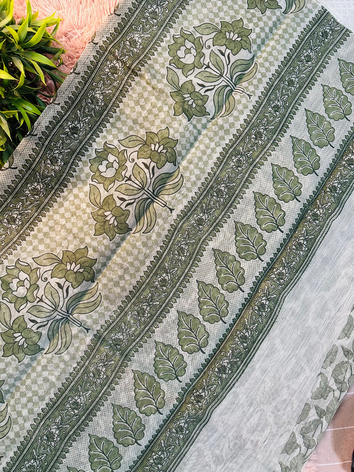 Green Chanderi Cotton Leaf Printed Saree