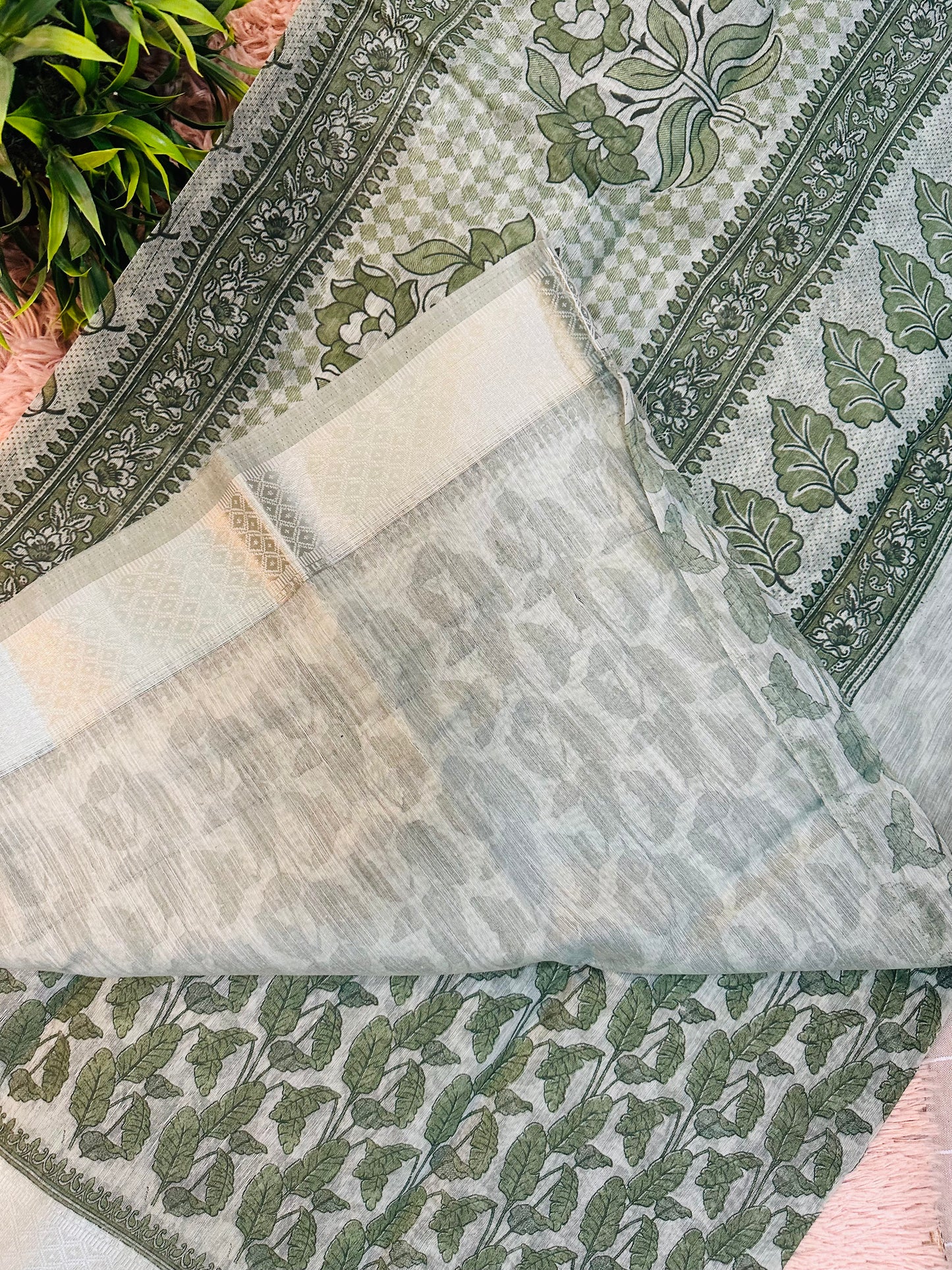 Green Chanderi Cotton Leaf Printed Saree