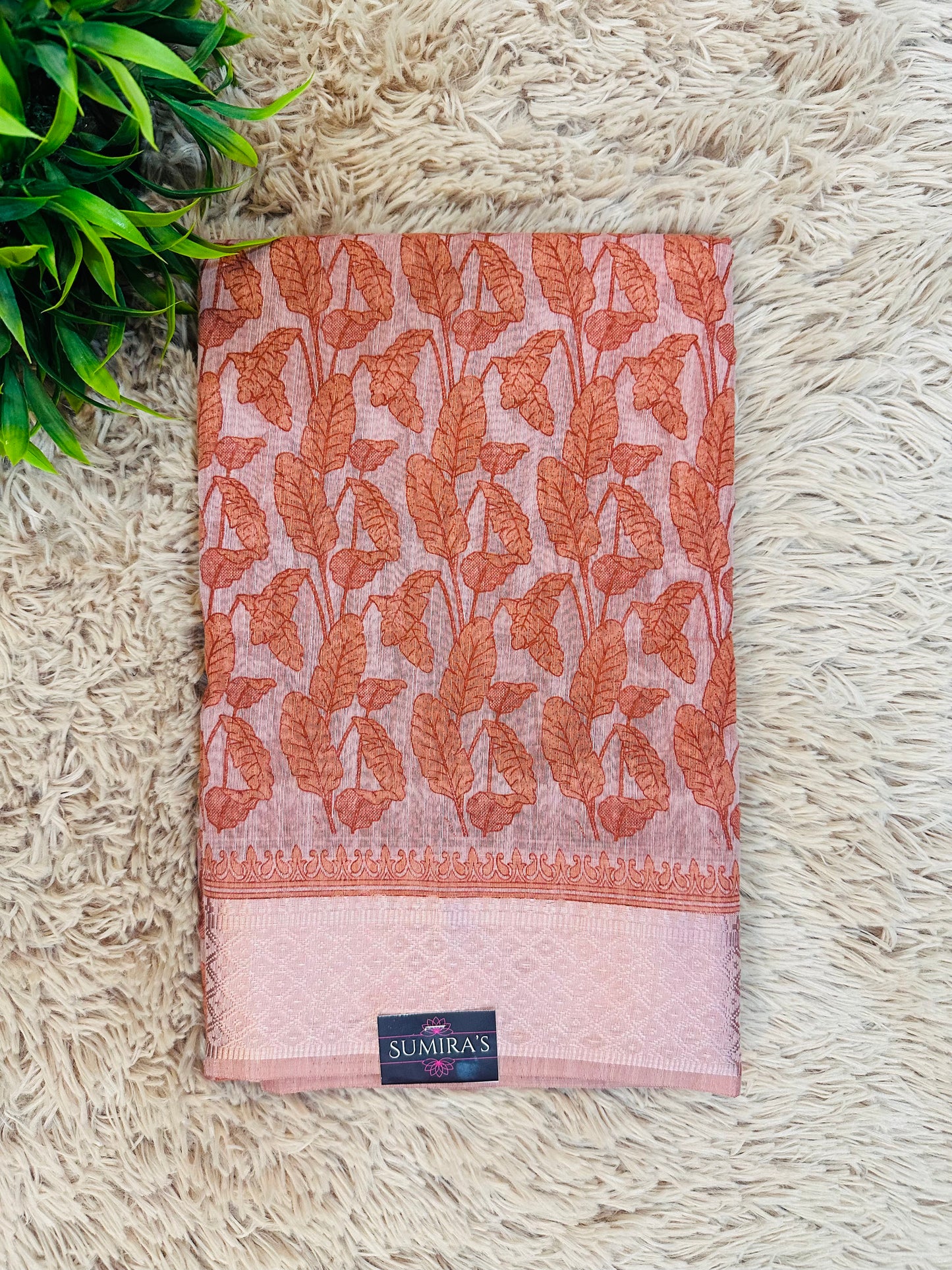 Orange Chanderi Cotton Leaf Printed Saree