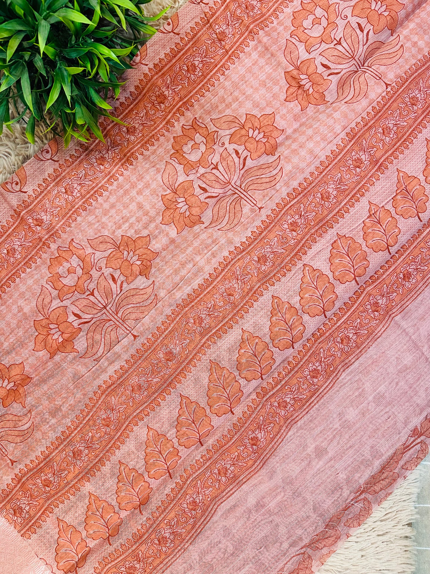 Orange Chanderi Cotton Leaf Printed Saree