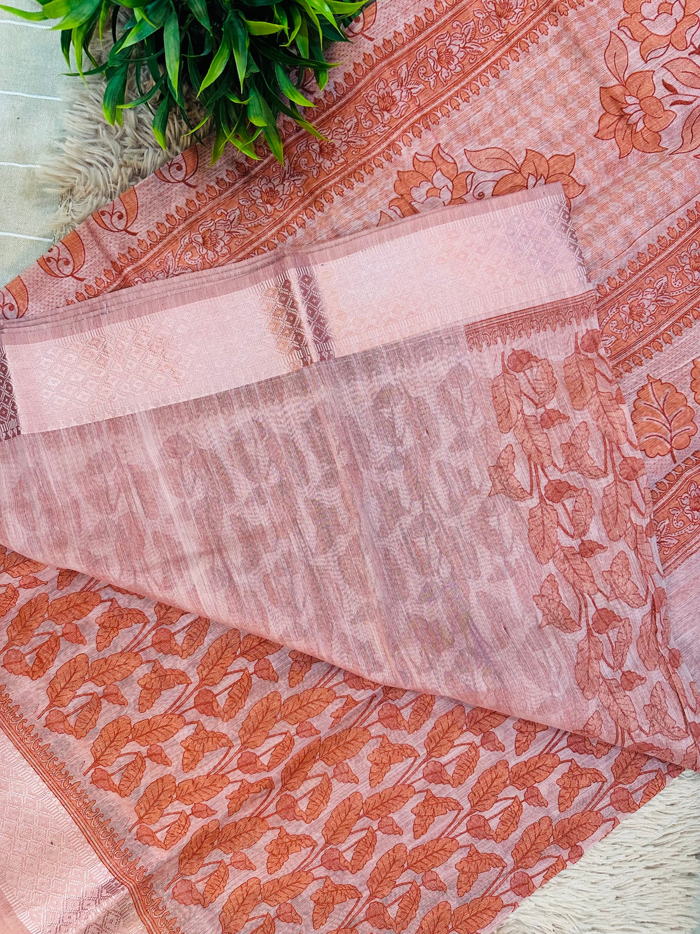 Orange Chanderi Cotton Leaf Printed Saree