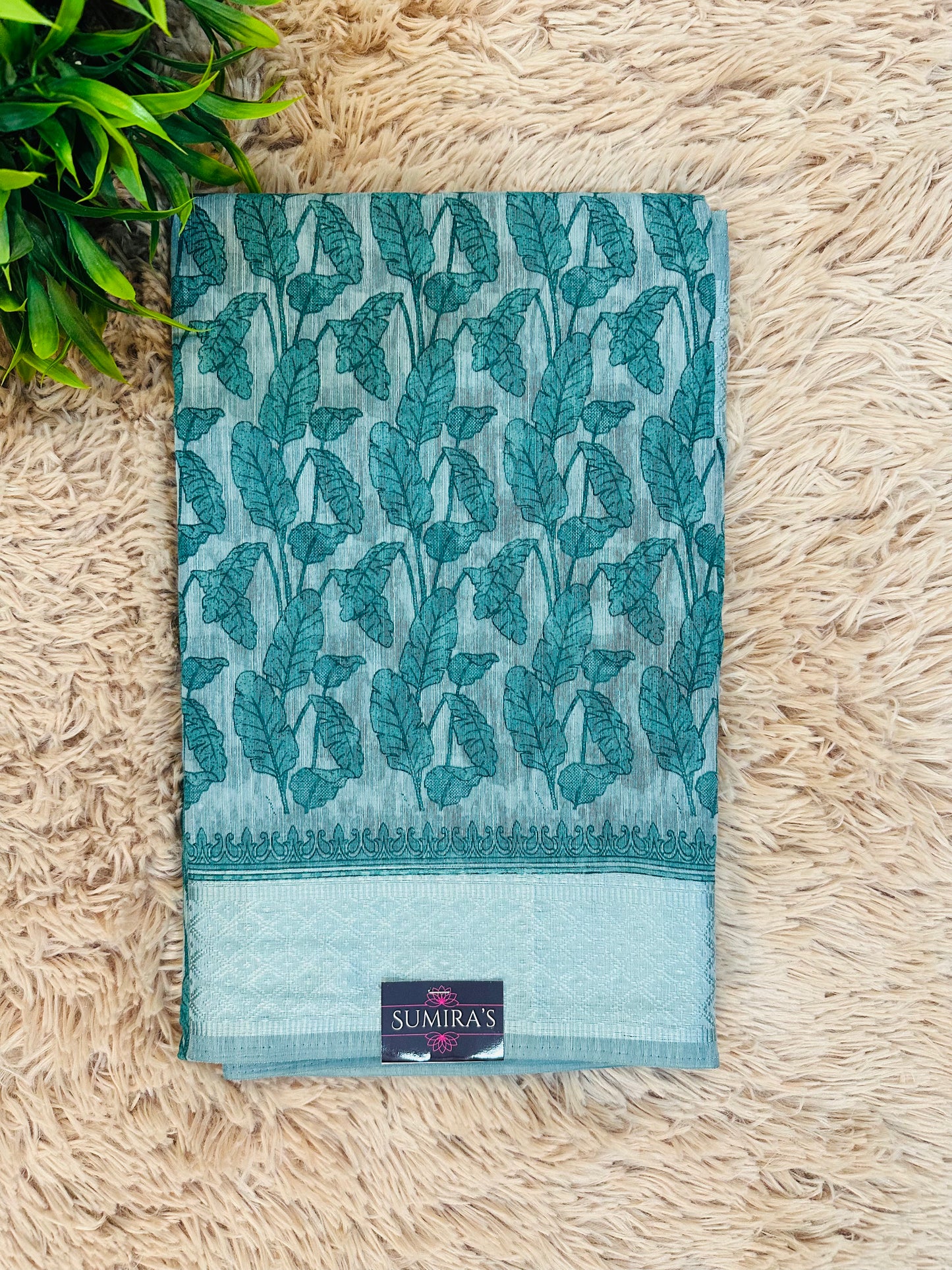 Blue Chanderi Cotton Leaf Printed Saree