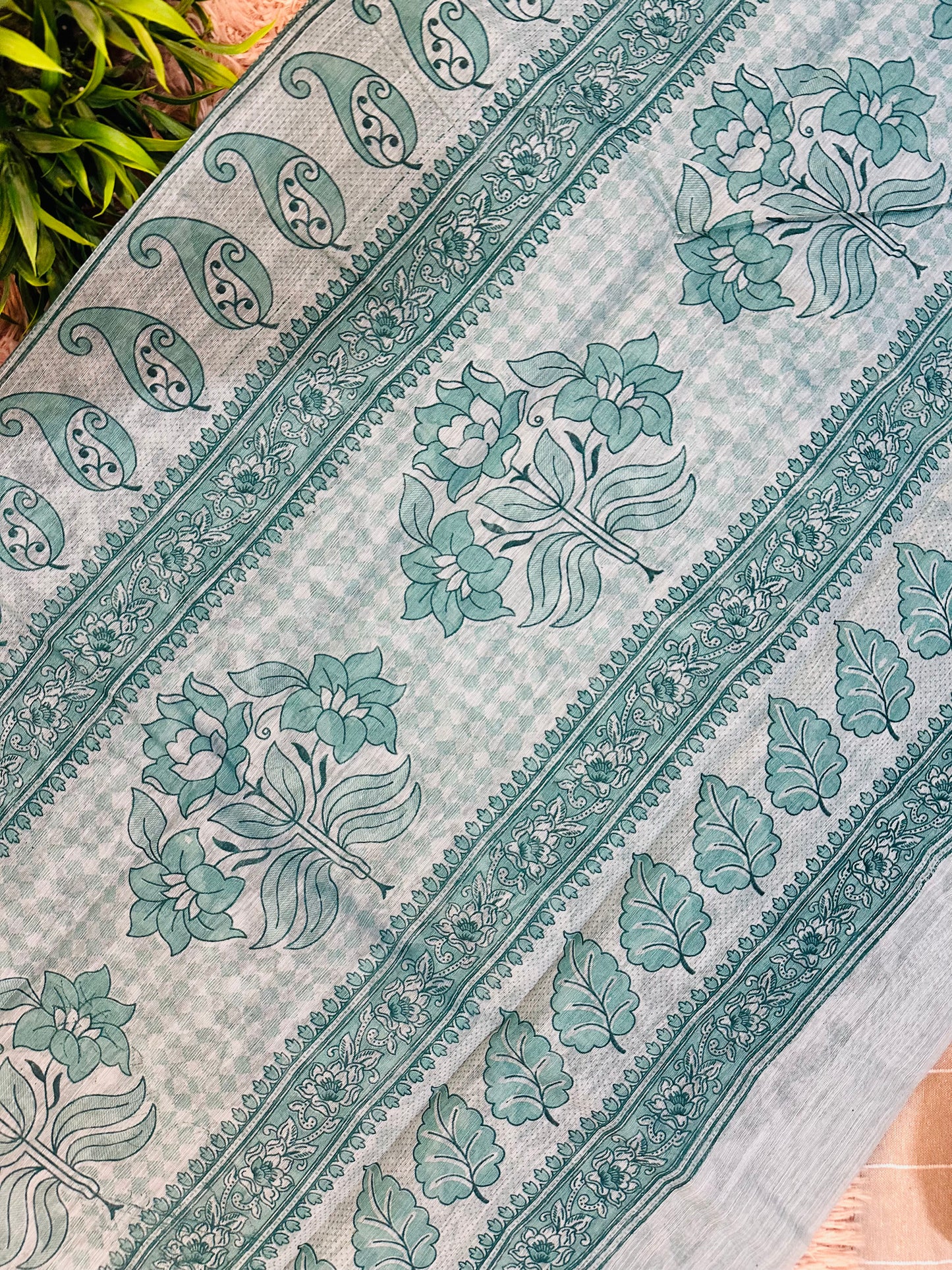 Blue Chanderi Cotton Leaf Printed Saree