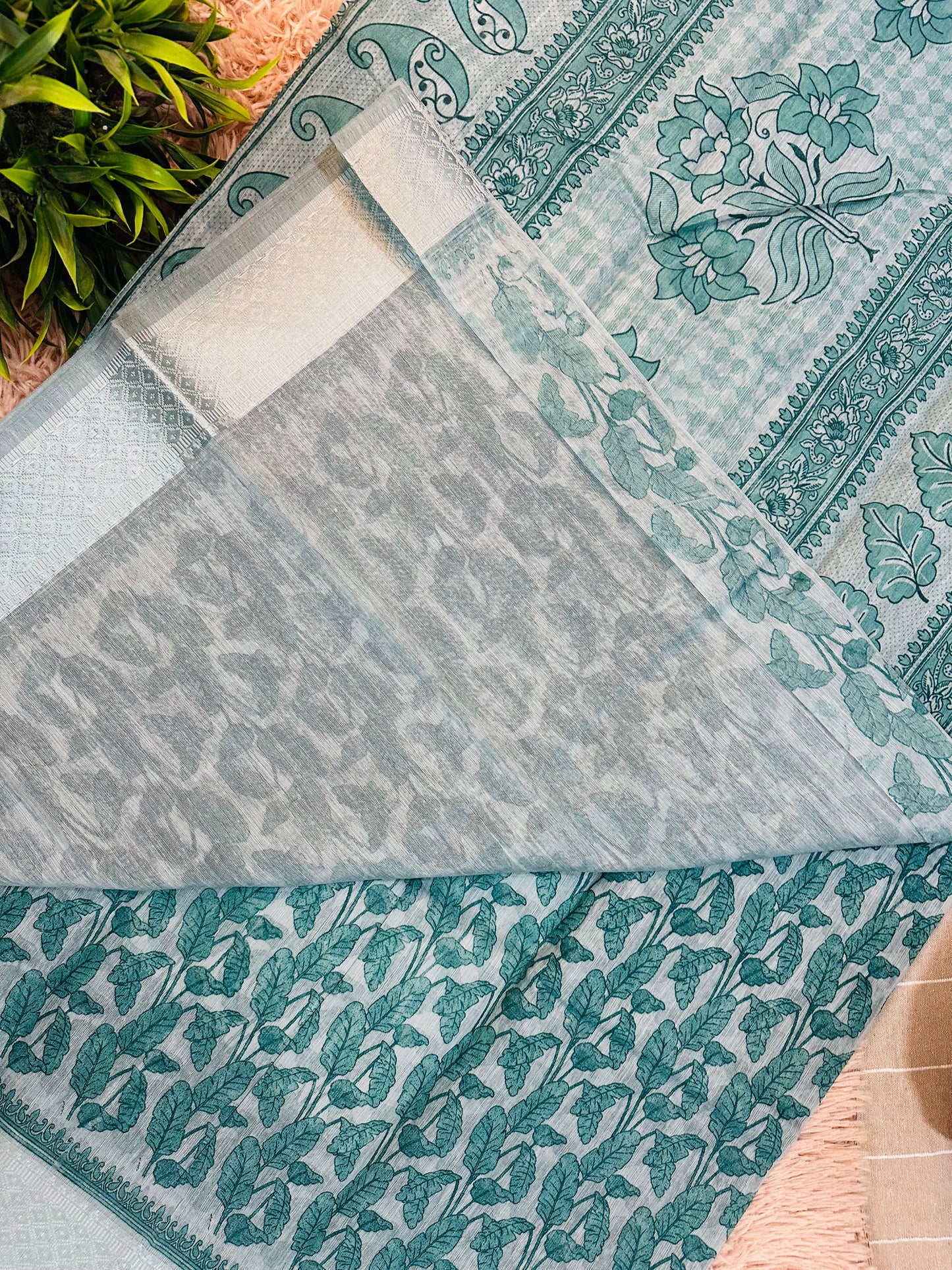 Blue Chanderi Cotton Leaf Printed Saree