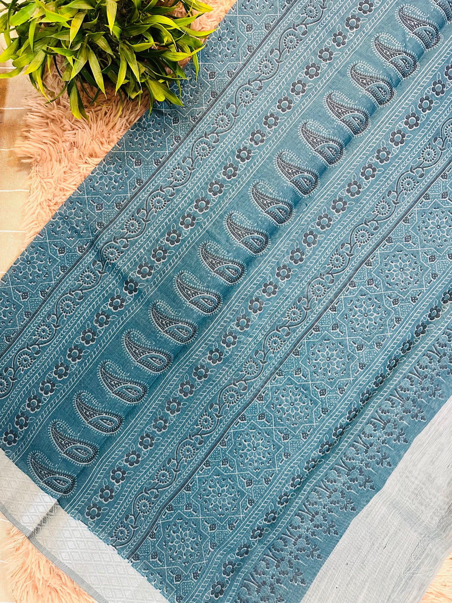 Blue Chanderi Cotton Ajrakh Printed Saree