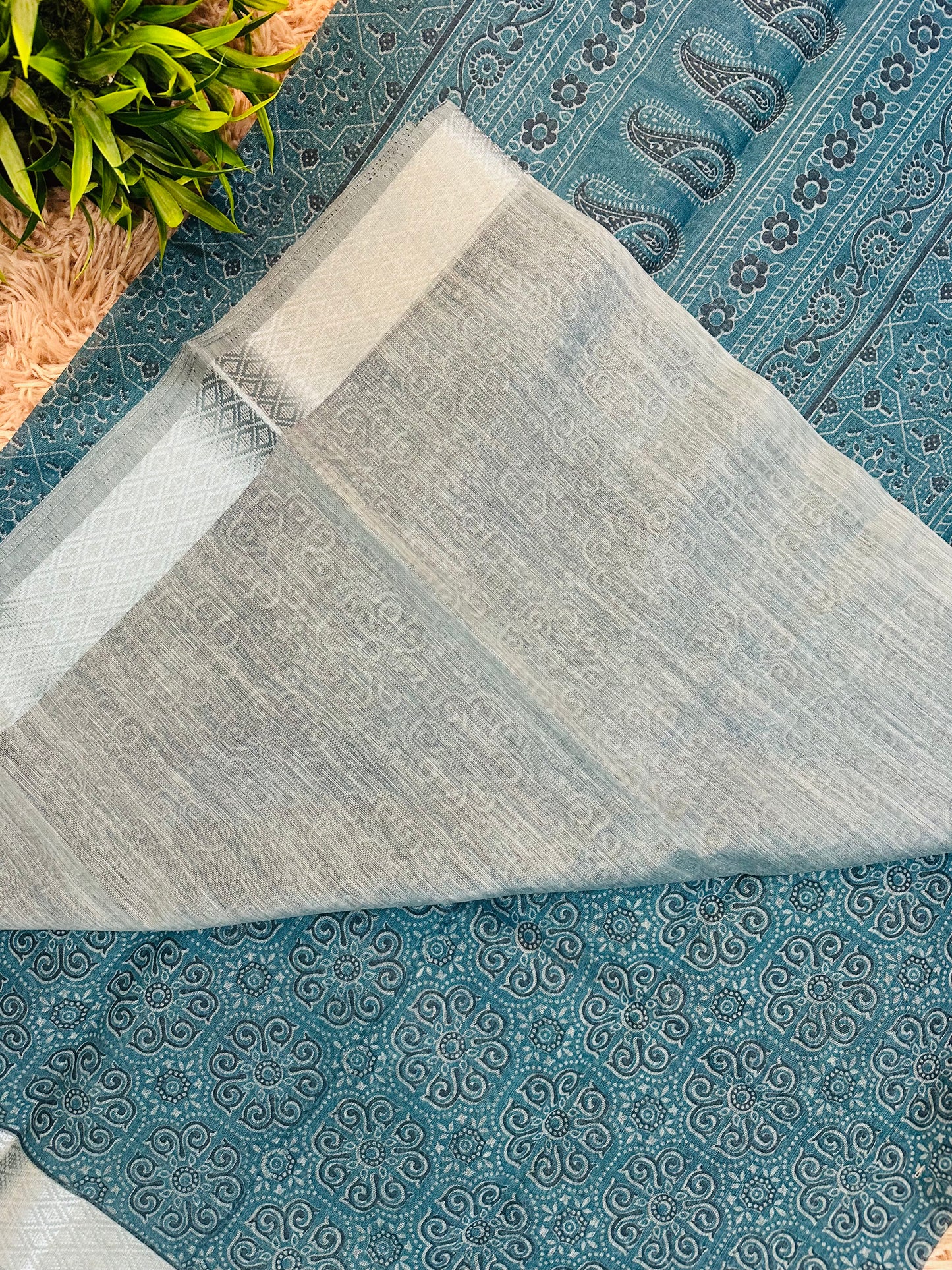 Blue Chanderi Cotton Ajrakh Printed Saree