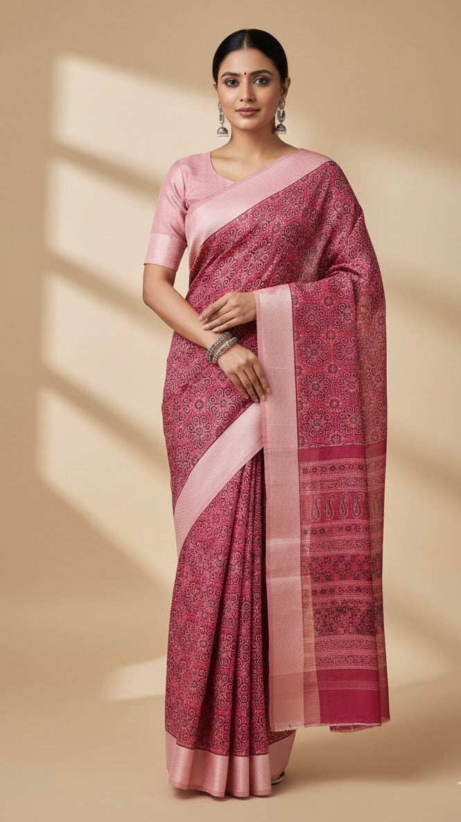 Pink Chanderi Cotton Ajrakh Printed Saree
