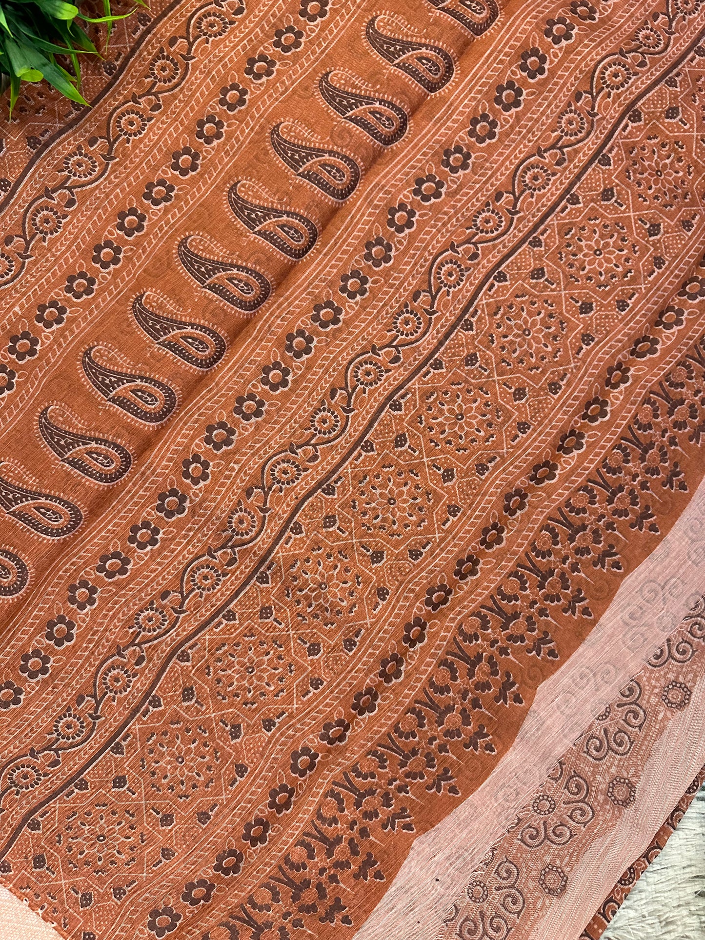 Rust Orange Chanderi Cotton Ajrakh Printed Saree