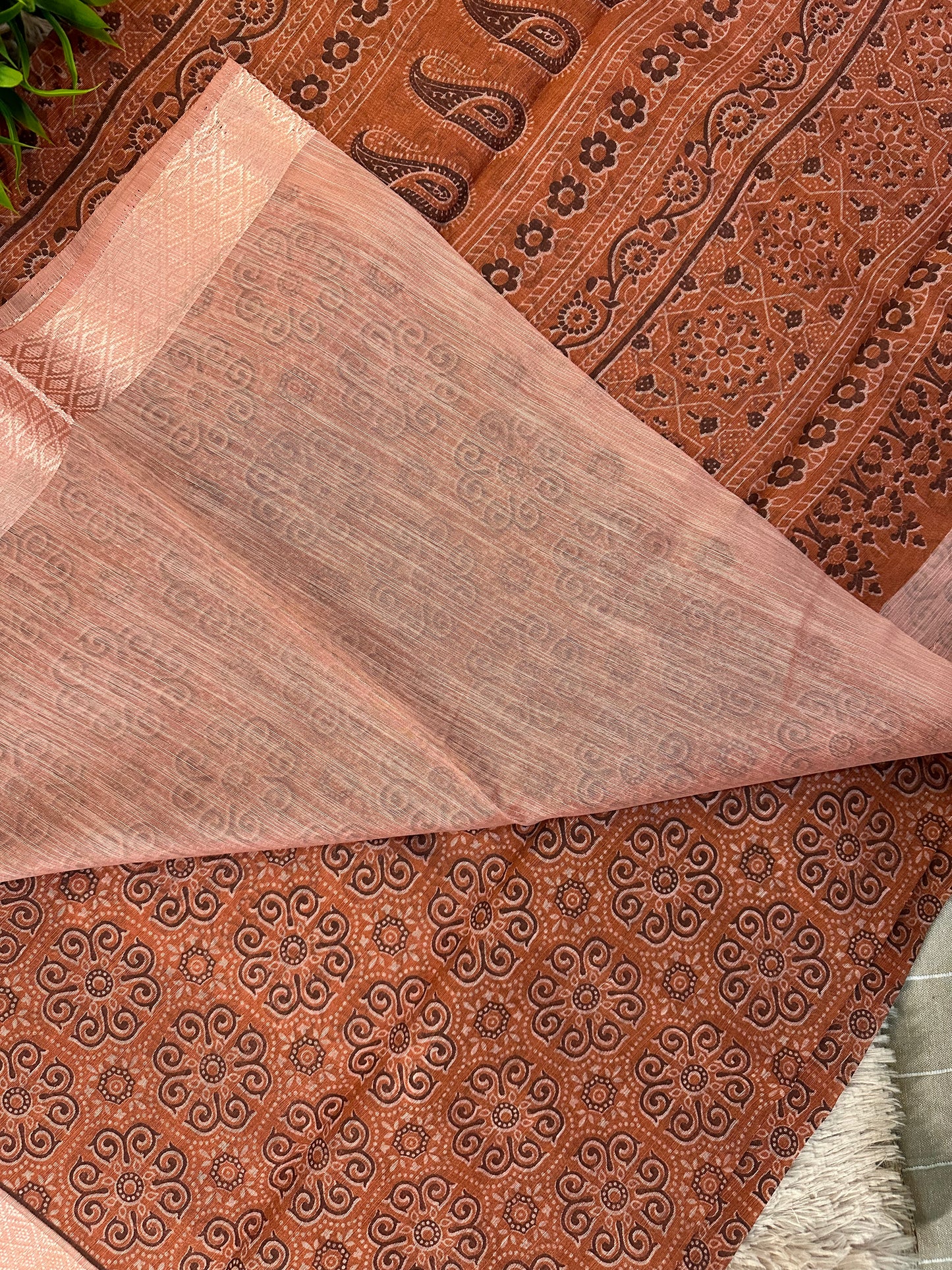 Rust Orange Chanderi Cotton Ajrakh Printed Saree