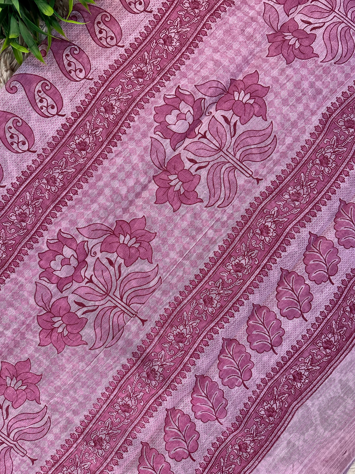 Pink Chanderi Cotton Leaf Printed Saree