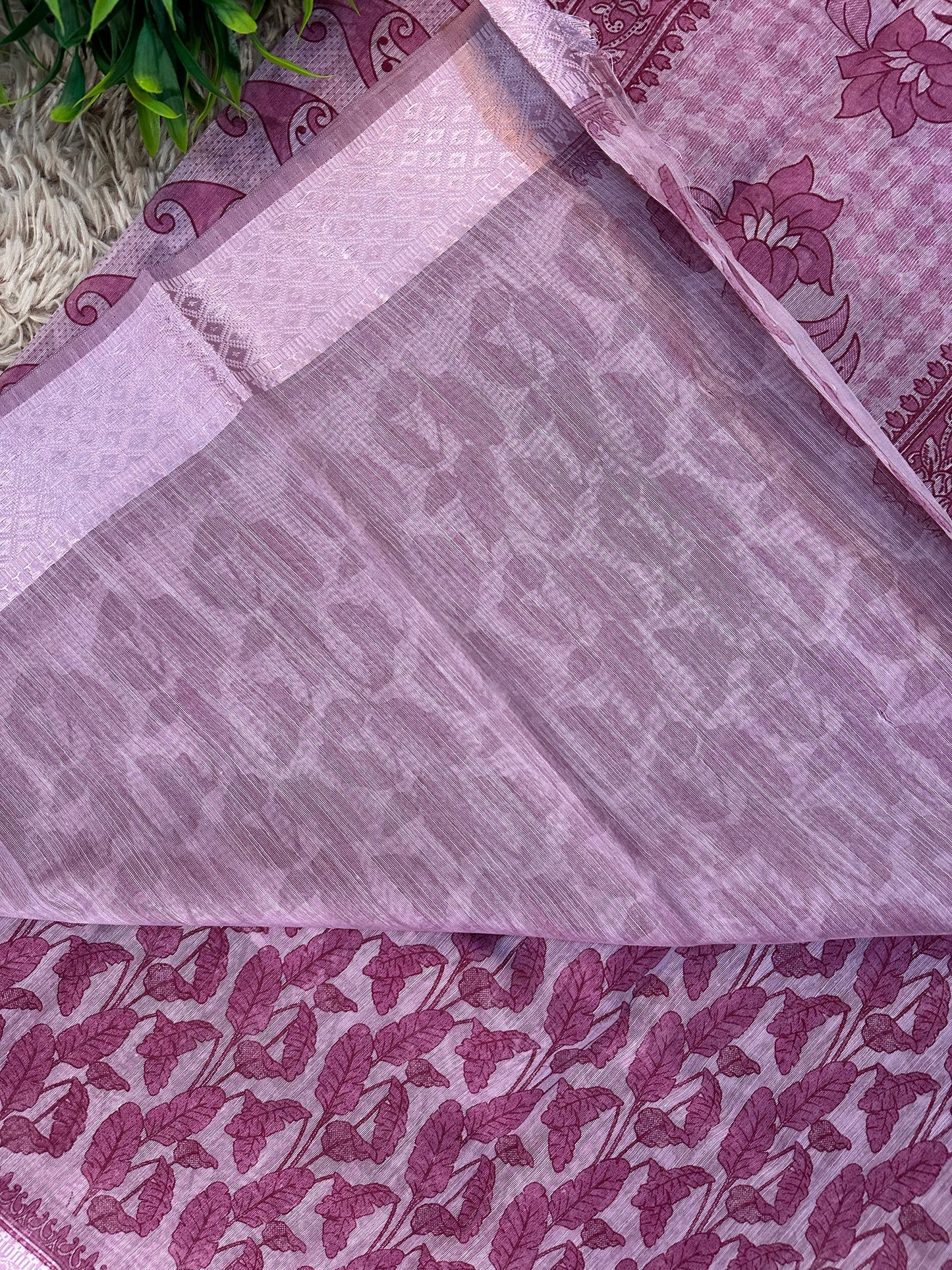 Pink Chanderi Cotton Leaf Printed Saree