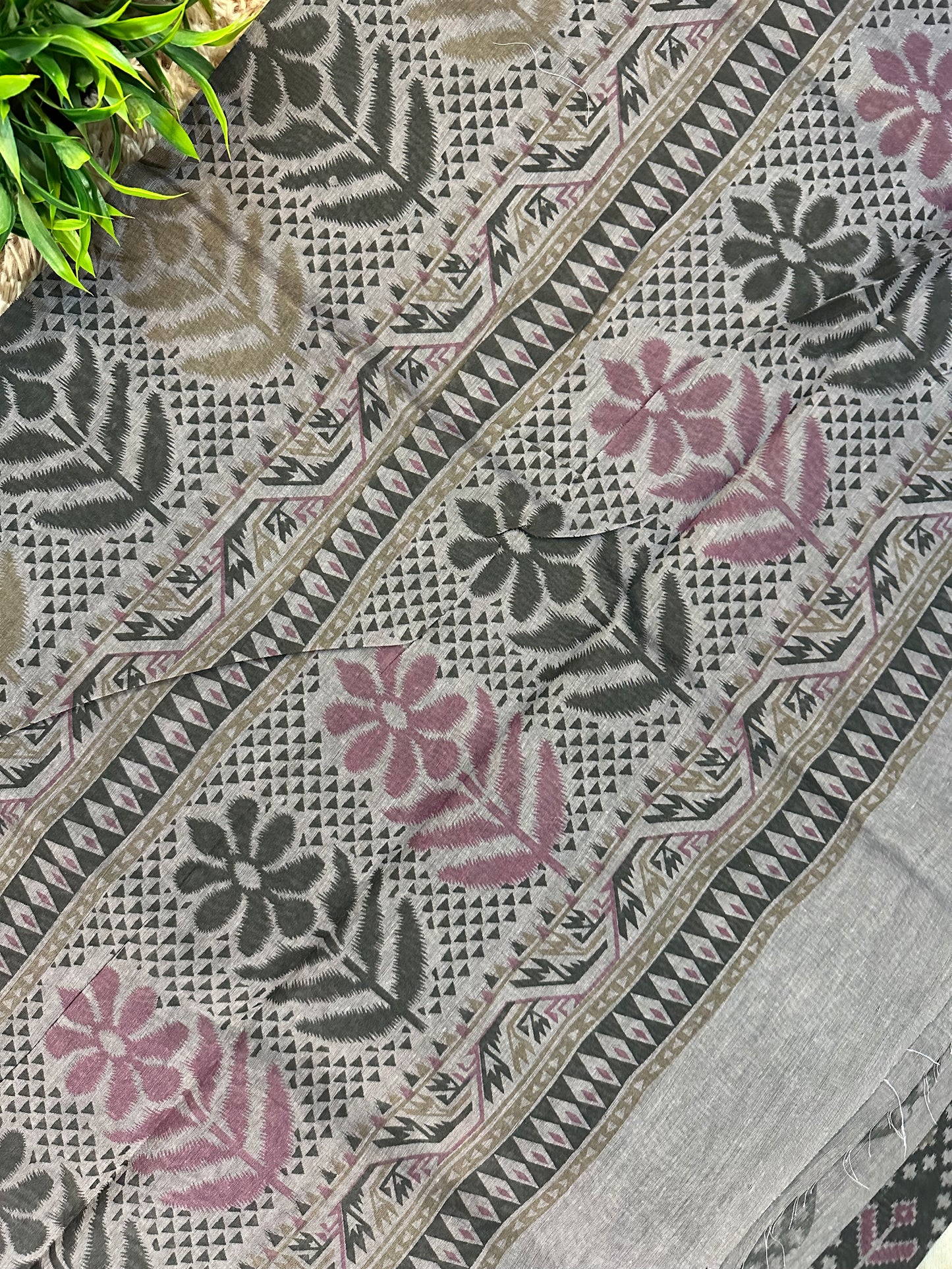 Grey Chanderi Cotton Ikkat Printed Saree