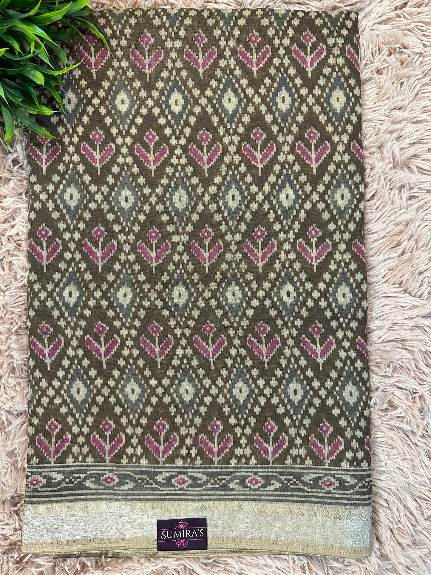 Brown Chanderi Cotton Ikkat Printed Saree