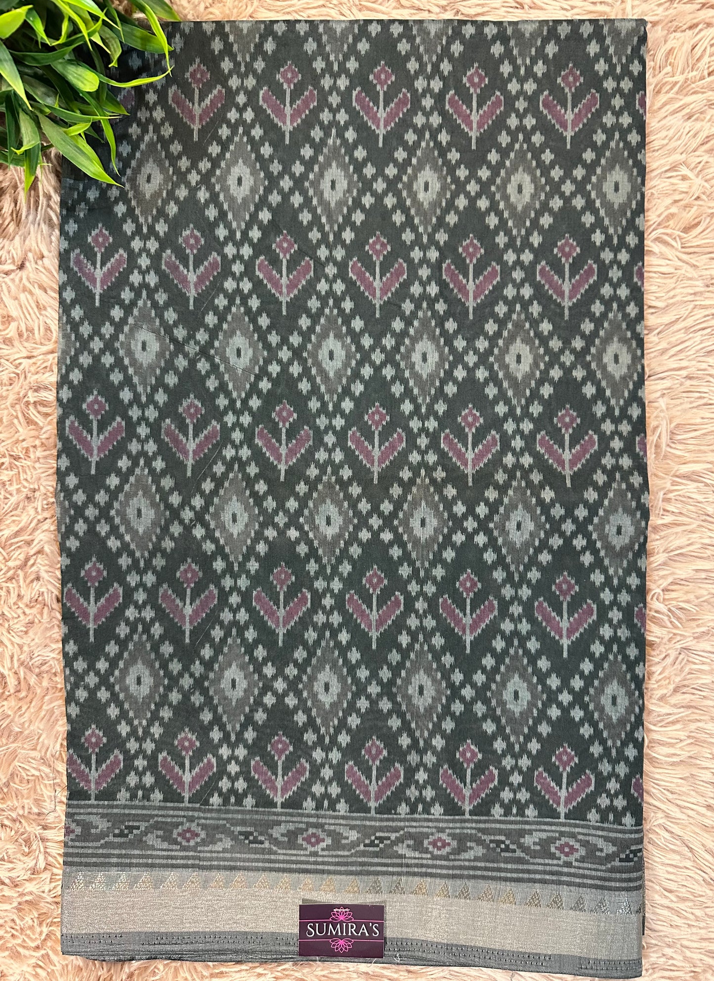 Dark Grey Chanderi Cotton Ikkat Printed Saree