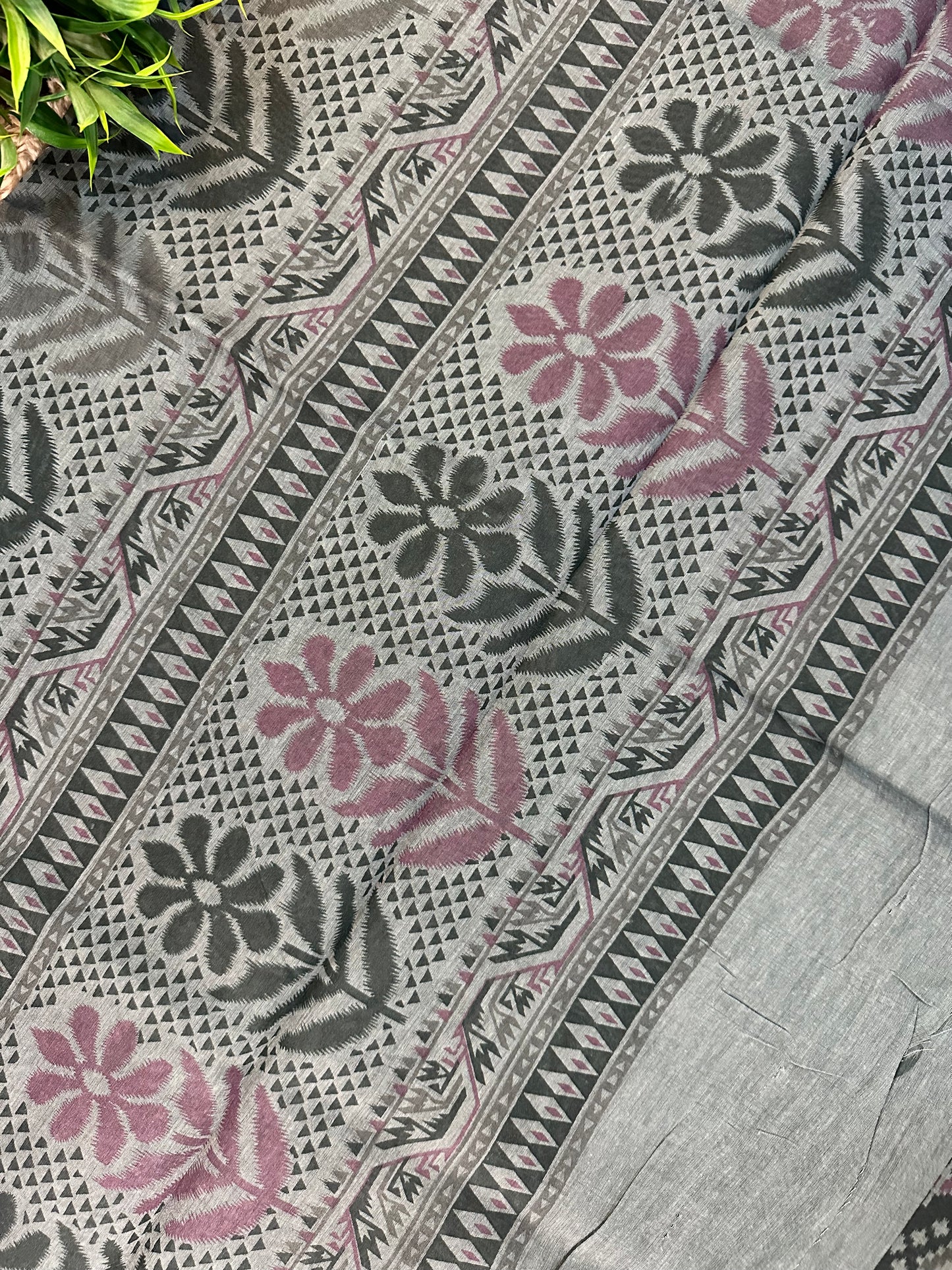 Dark Grey Chanderi Cotton Ikkat Printed Saree