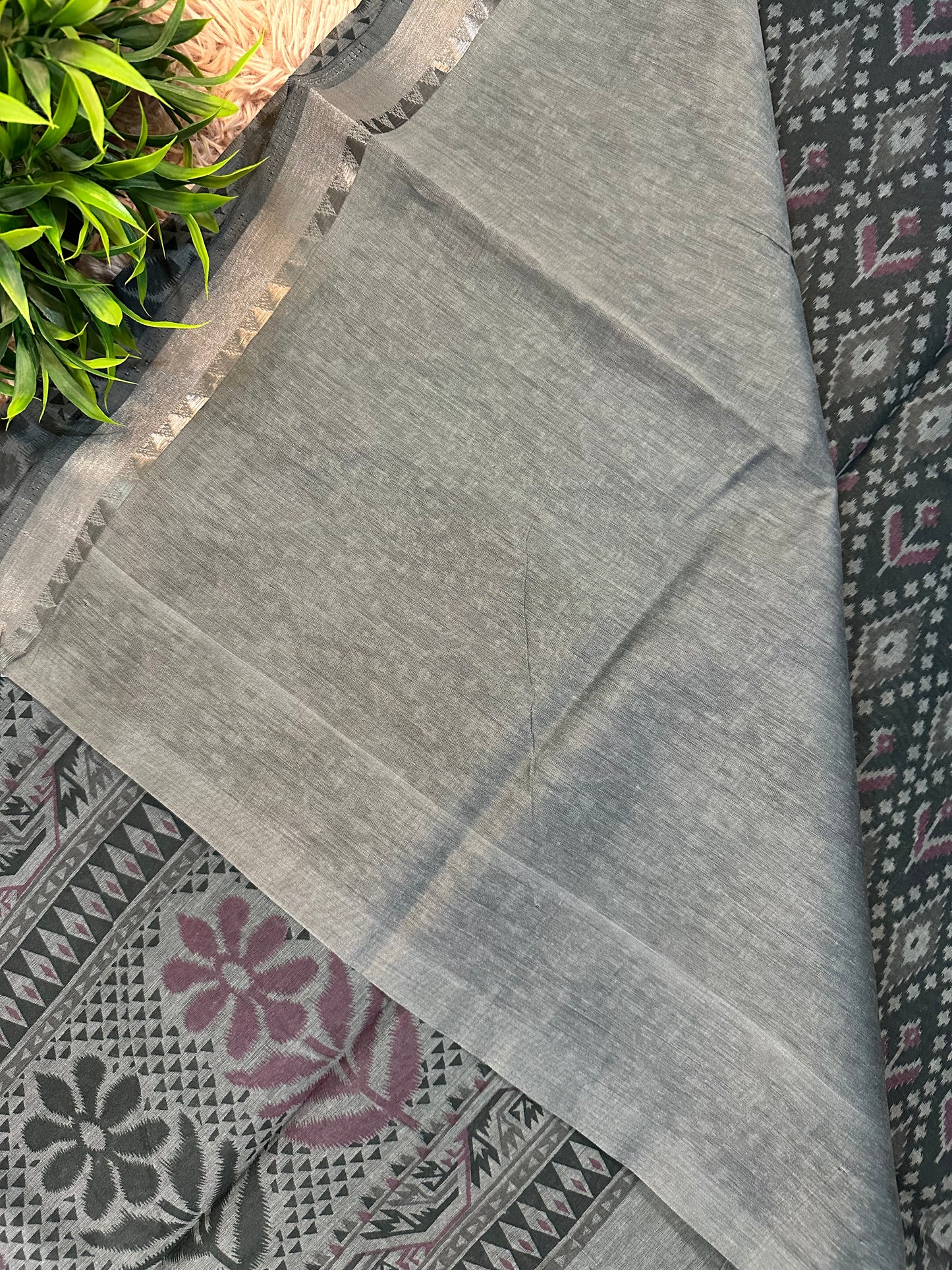 Dark Grey Chanderi Cotton Ikkat Printed Saree