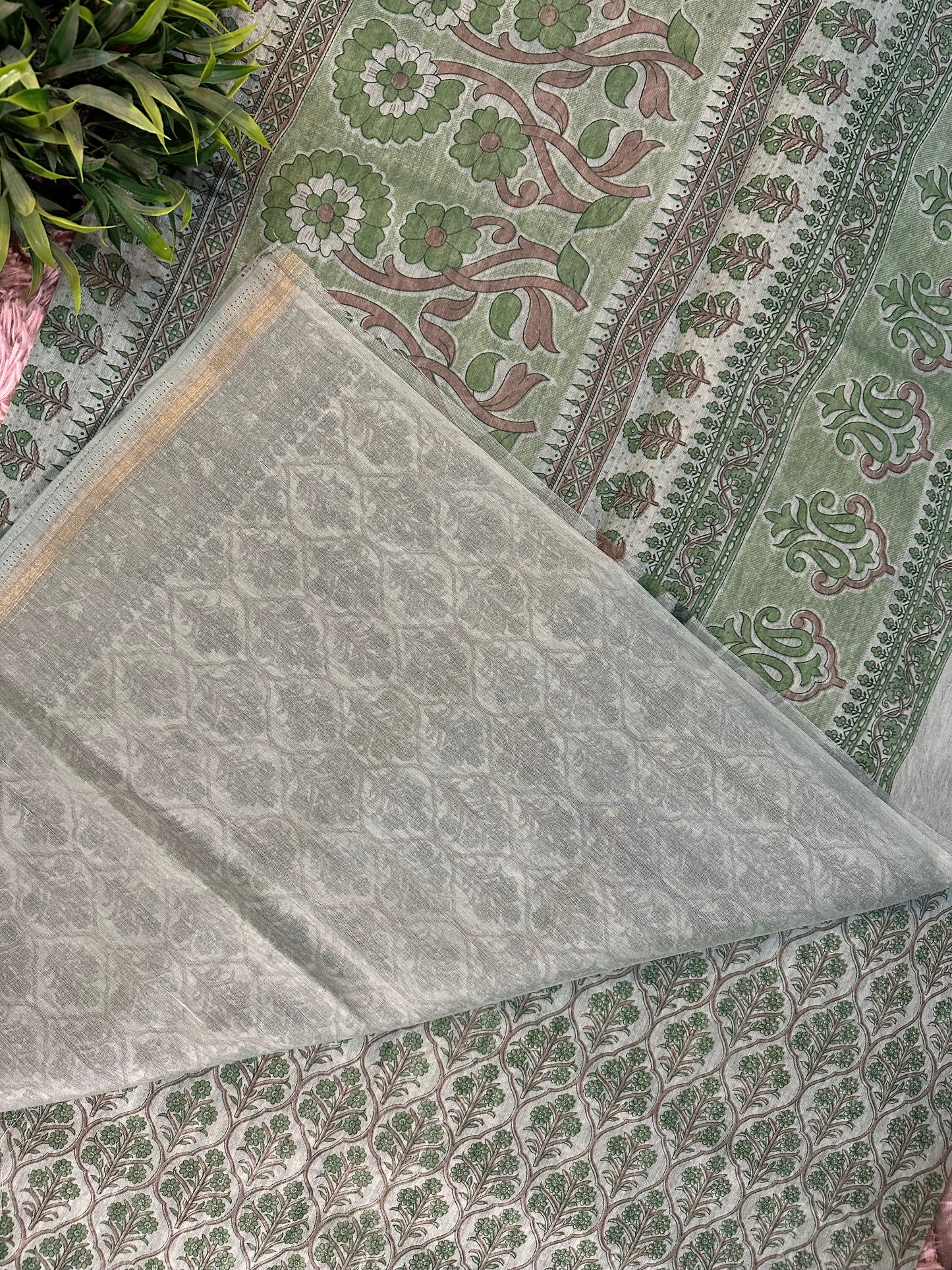 Green Chanderi Cotton Floral Printed Saree