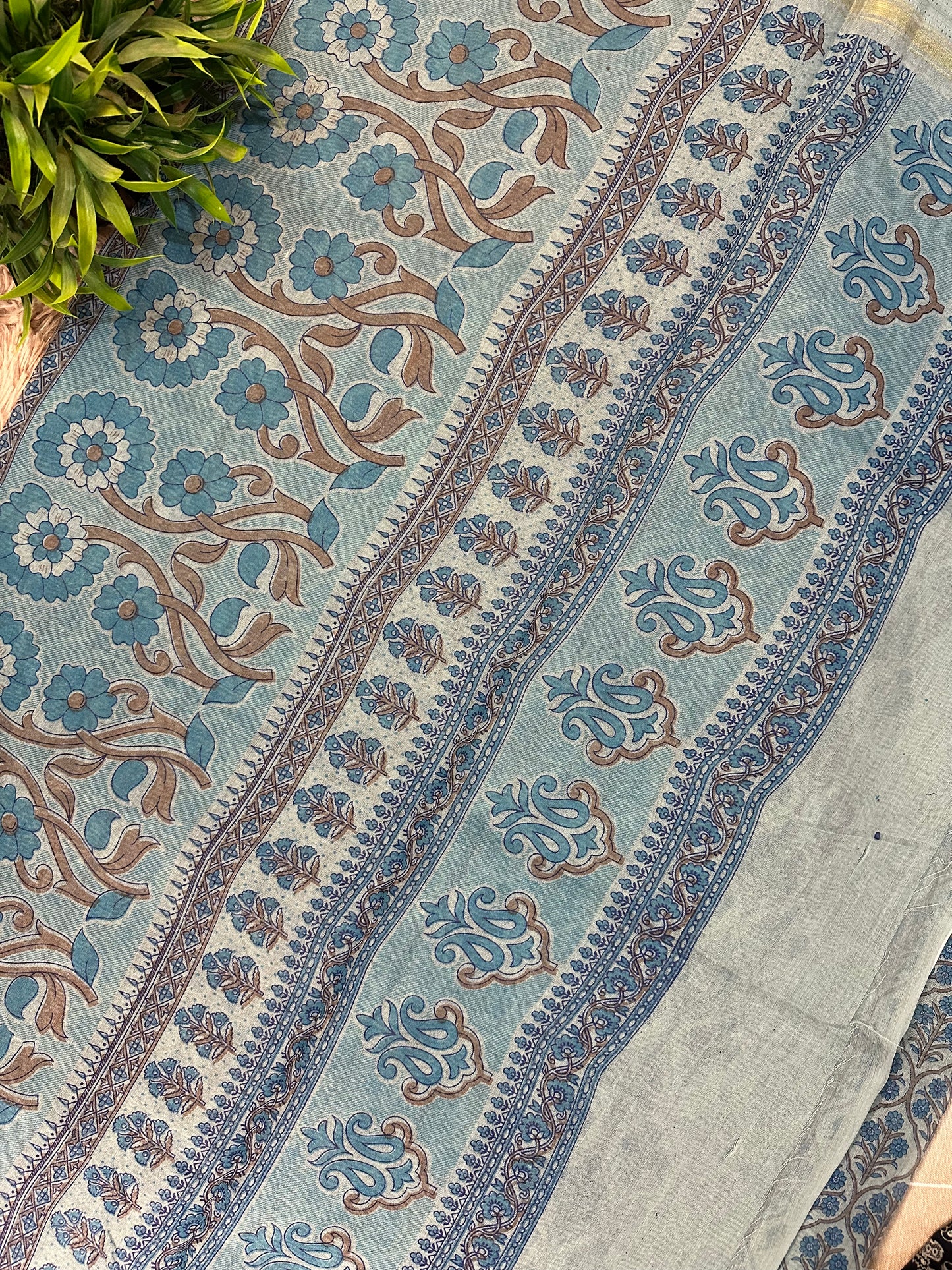 Blue Chanderi Cotton Floral Printed Saree