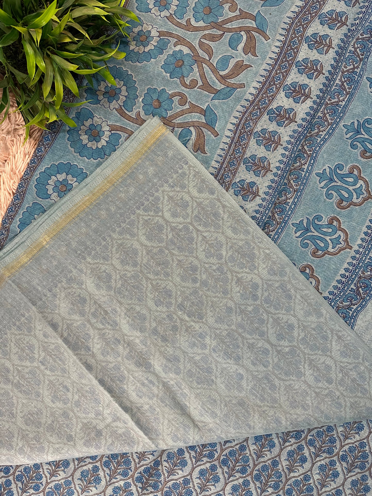 Blue Chanderi Cotton Floral Printed Saree