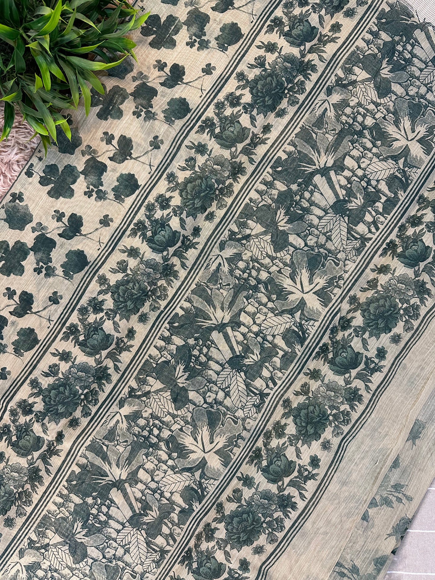 Beige Chanderi Cotton Floral Printed Saree