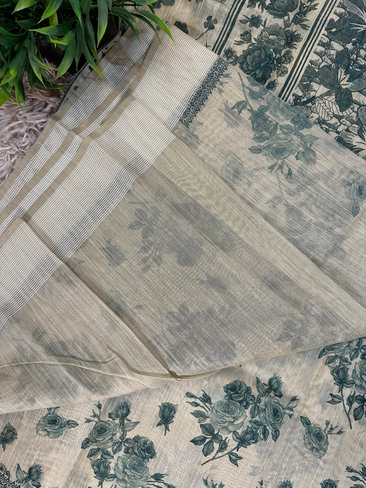 Beige Chanderi Cotton Floral Printed Saree