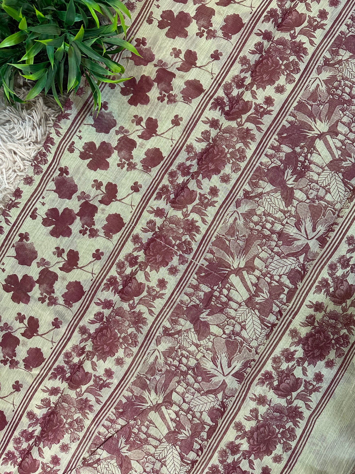 Beige Chanderi Cotton Floral Printed Saree