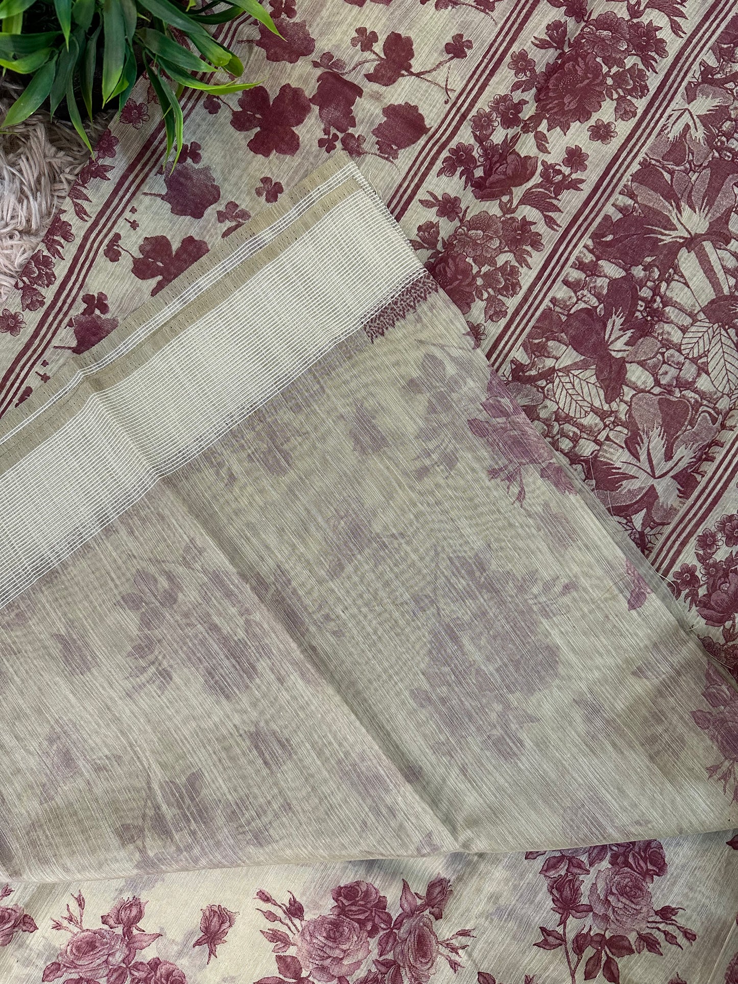 Beige Chanderi Cotton Floral Printed Saree