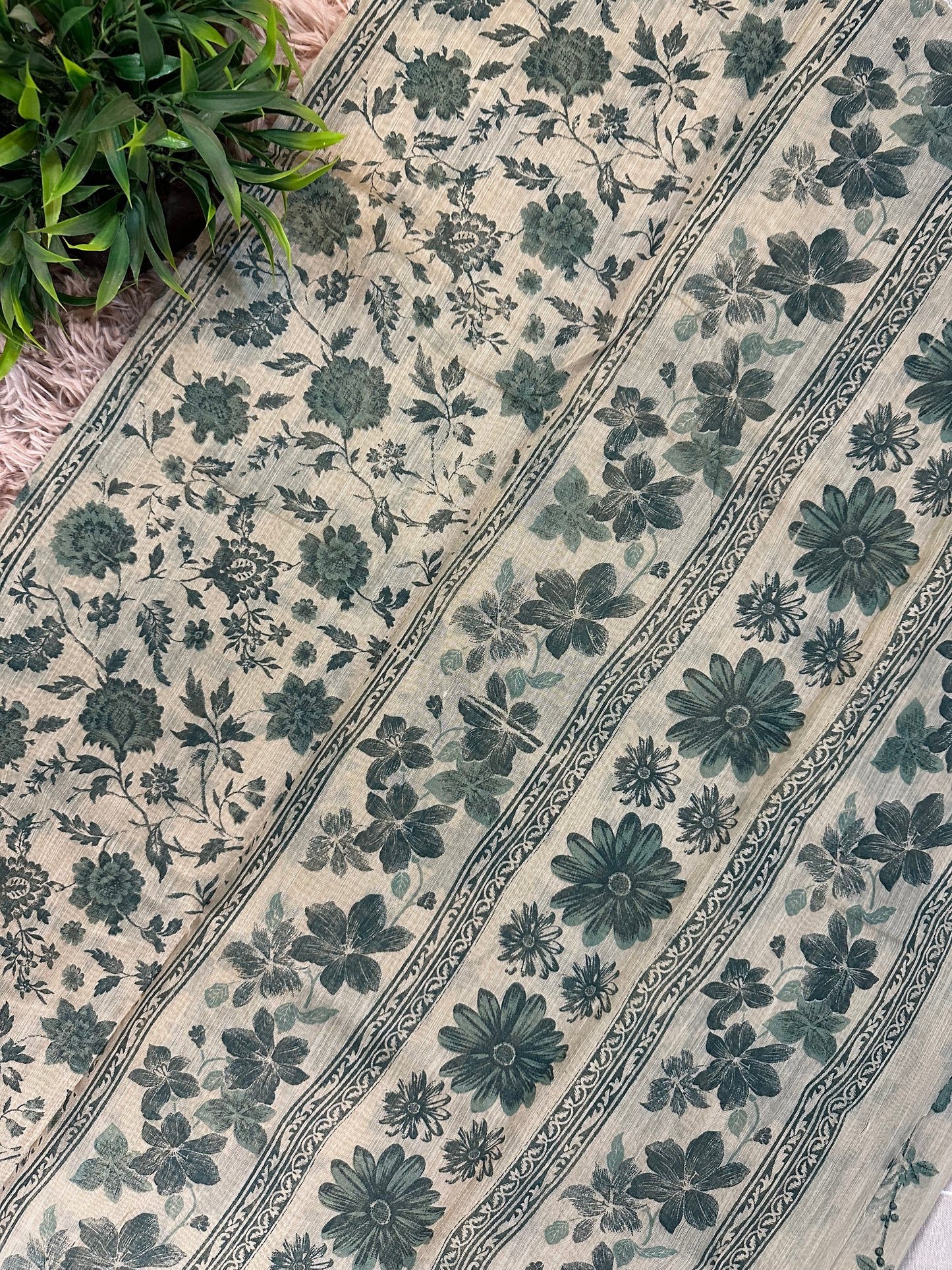 Beige Chanderi Cotton Floral Printed Saree