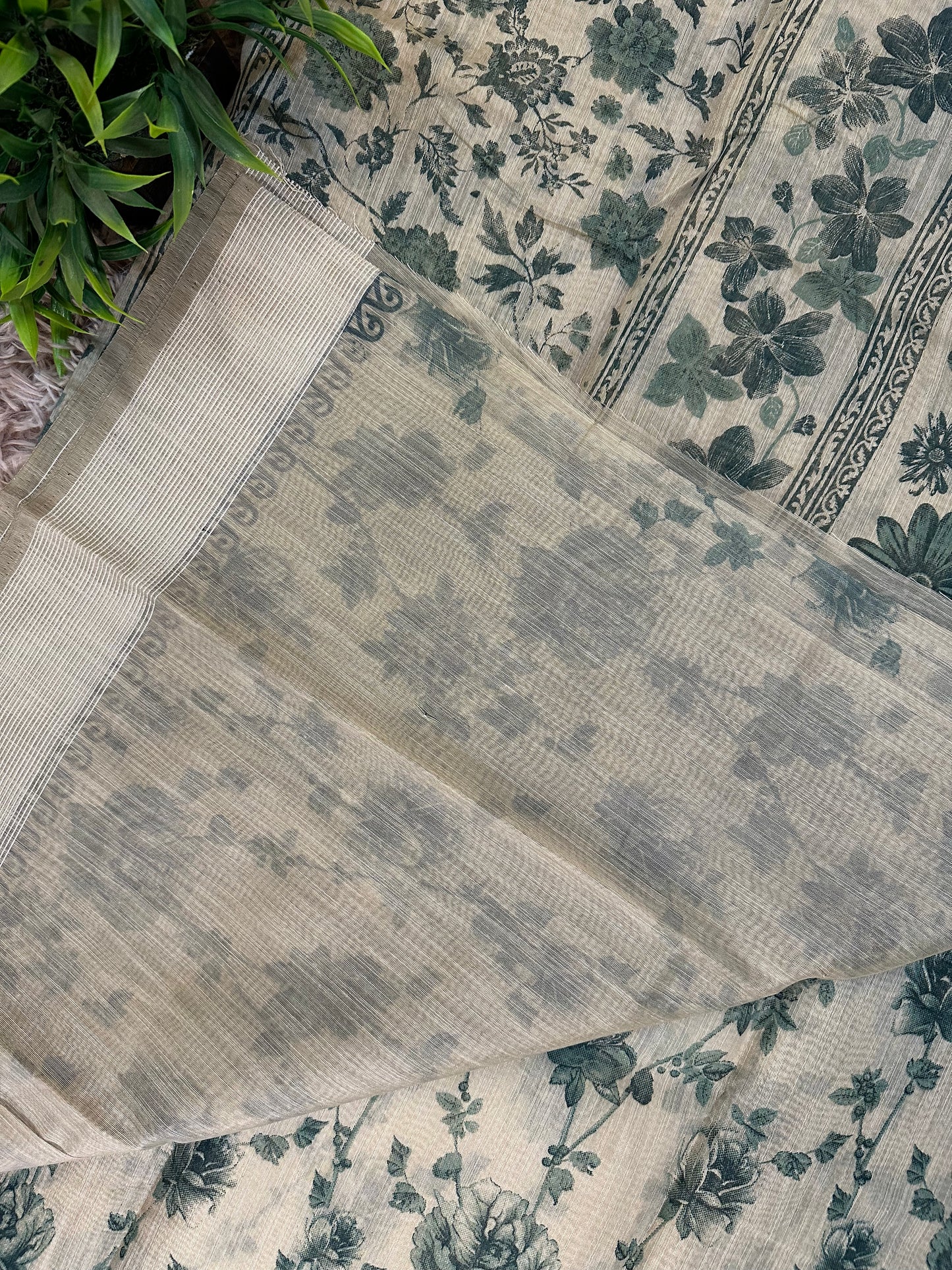 Beige Chanderi Cotton Floral Printed Saree