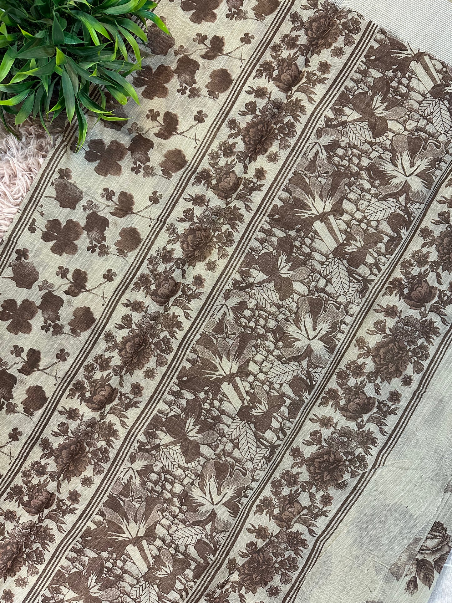 Beige Chanderi Cotton Floral Printed Saree