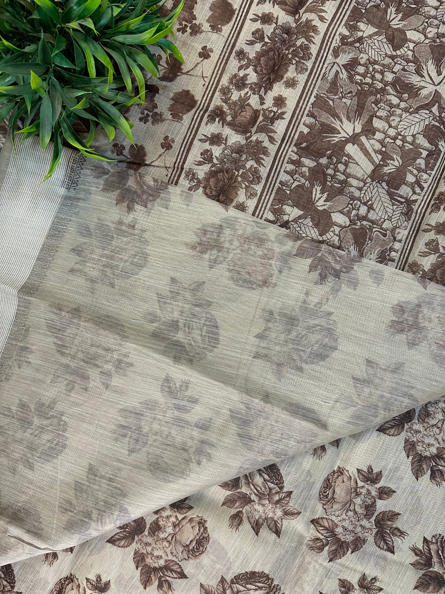 Beige Chanderi Cotton Floral Printed Saree