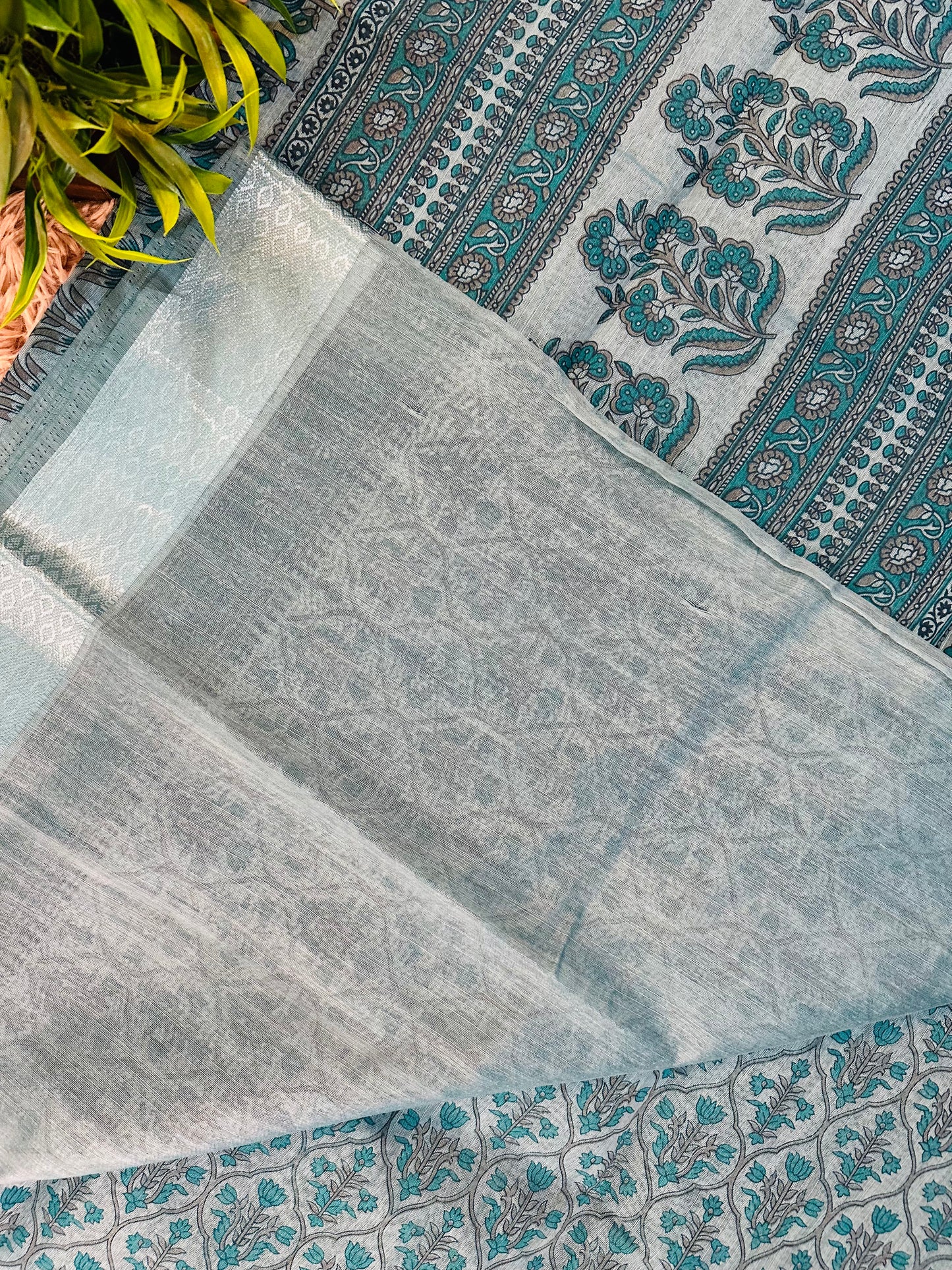 Blue Chanderi Cotton Floral Printed Saree