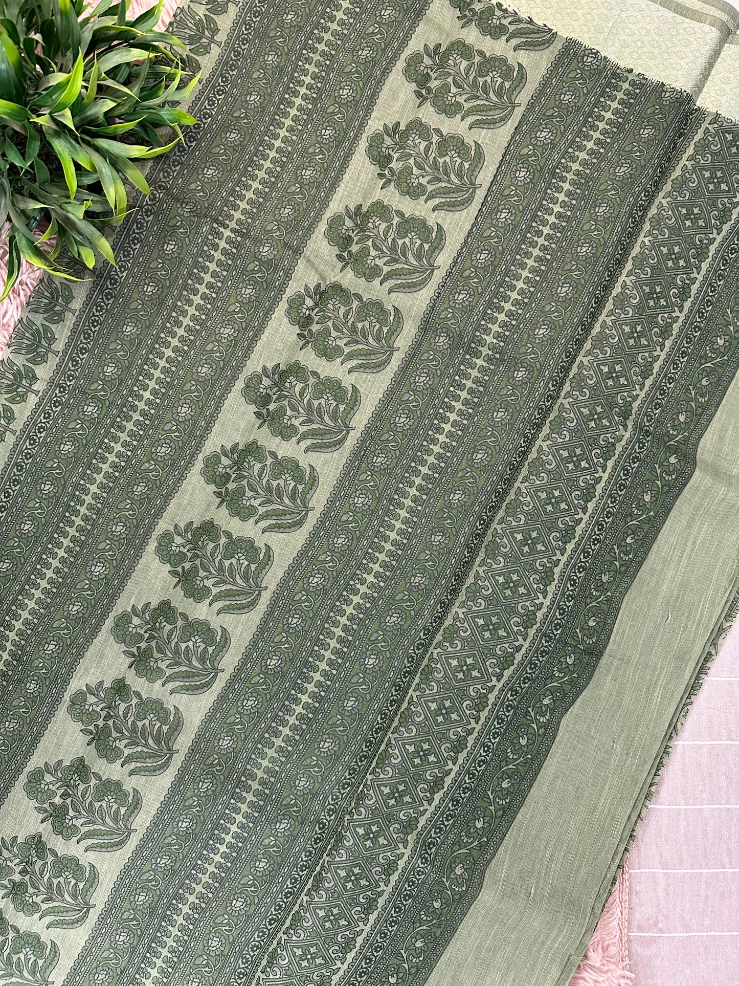 Green Chanderi Cotton Floral Printed Saree