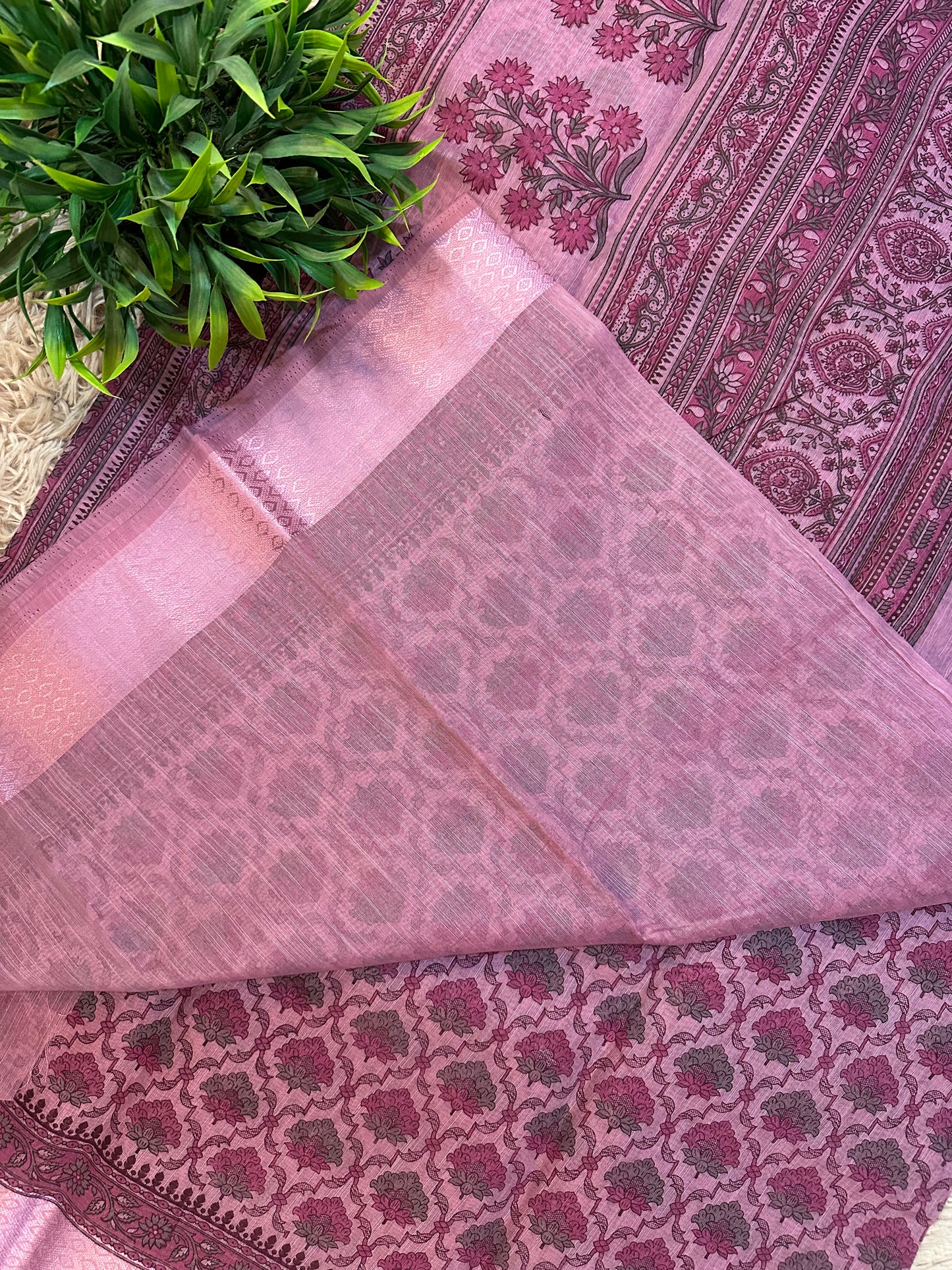 Pink Chanderi Cotton Floral Printed Saree