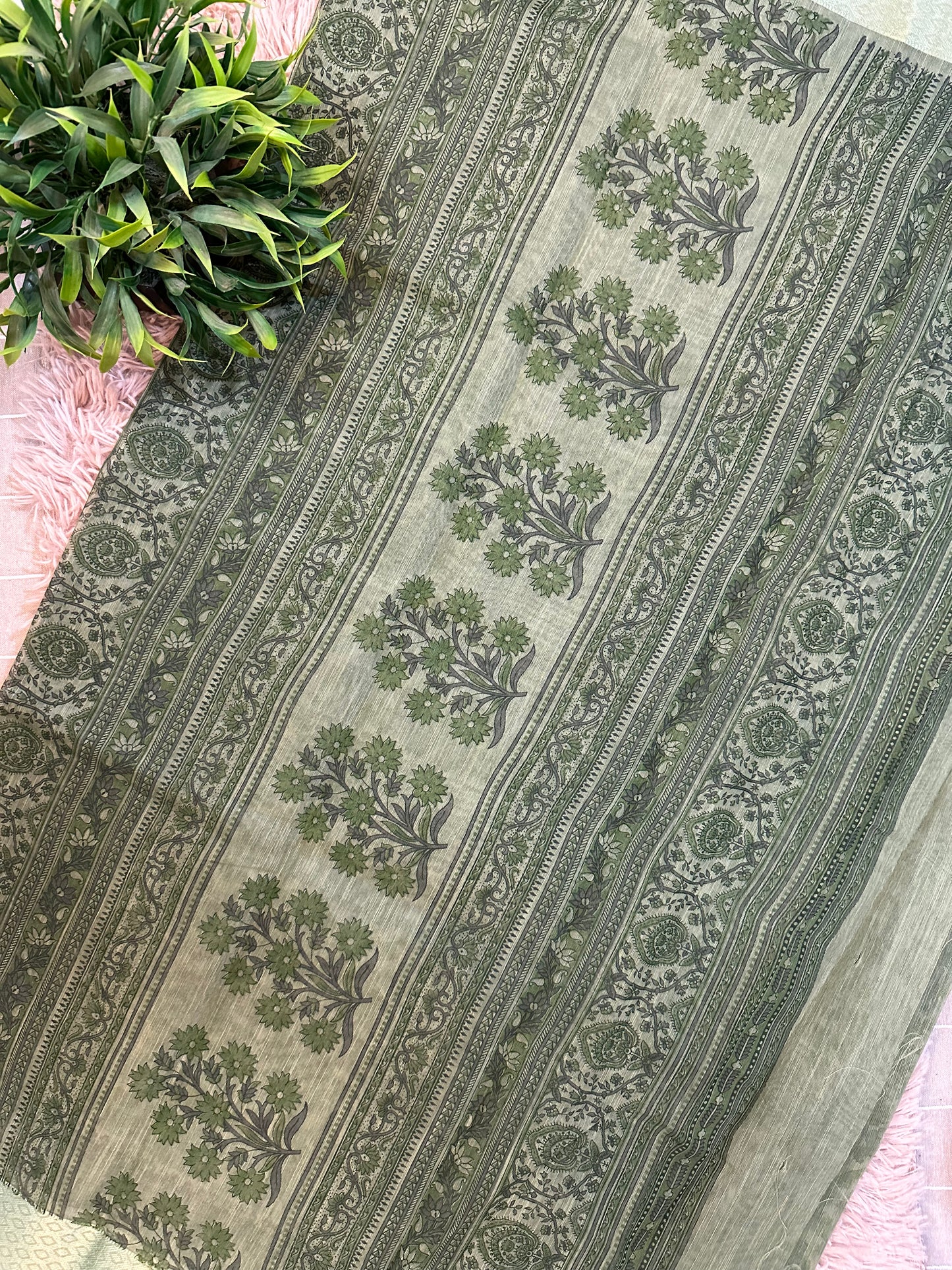 Green Chanderi Cotton Floral Printed Saree