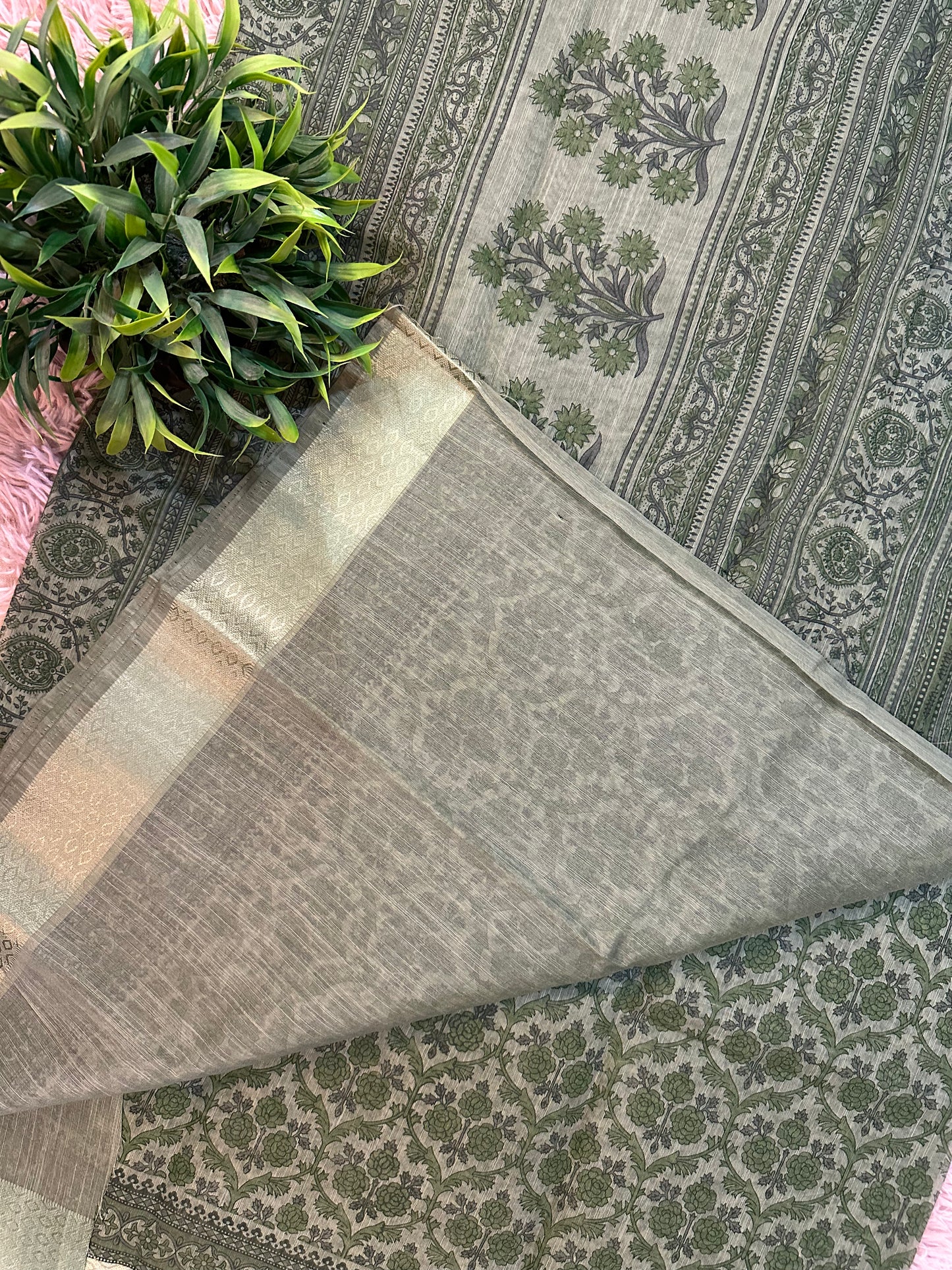 Green Chanderi Cotton Floral Printed Saree