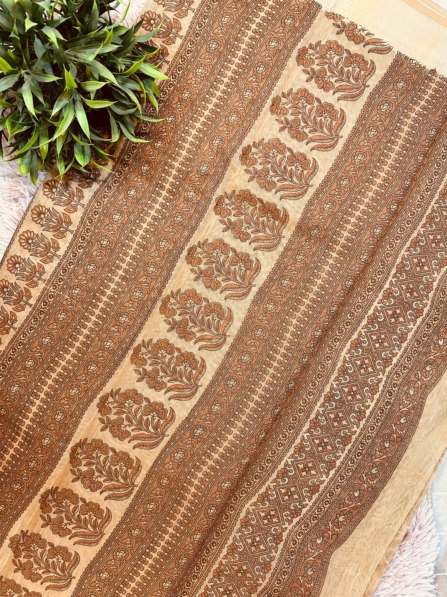 Light Brown Chanderi Cotton Floral Printed Saree