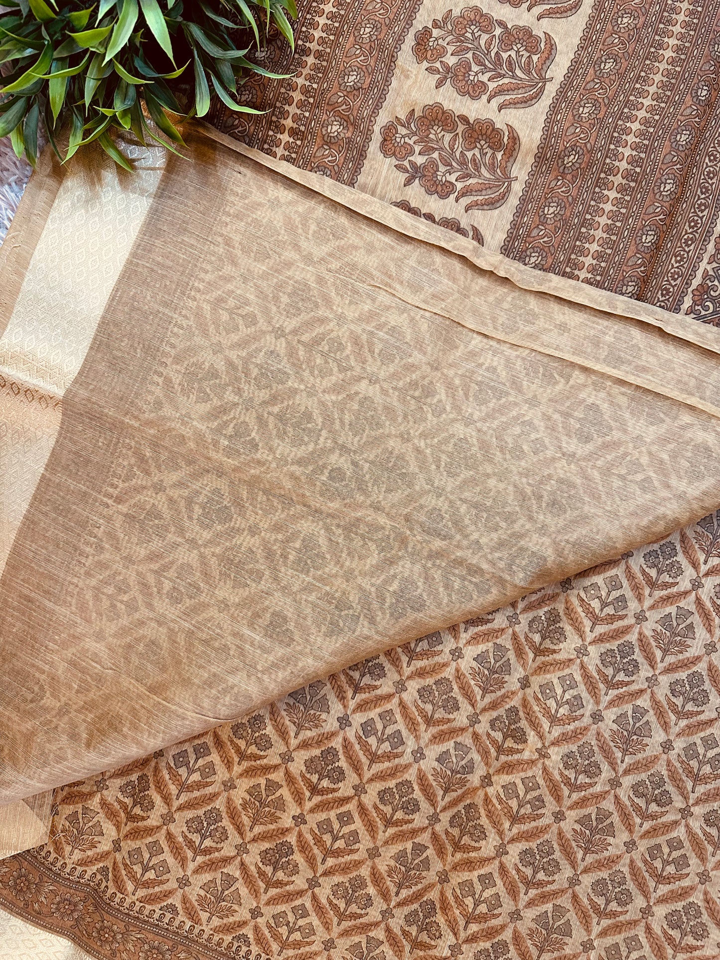 Light Brown Chanderi Cotton Floral Printed Saree