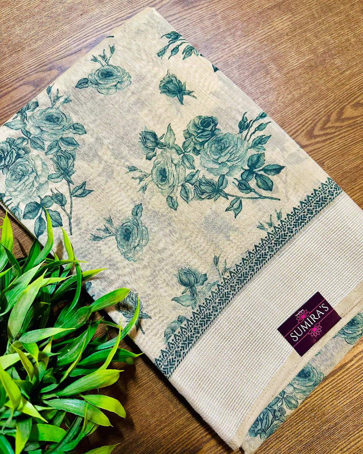 Beige Chanderi Cotton Floral Printed Saree