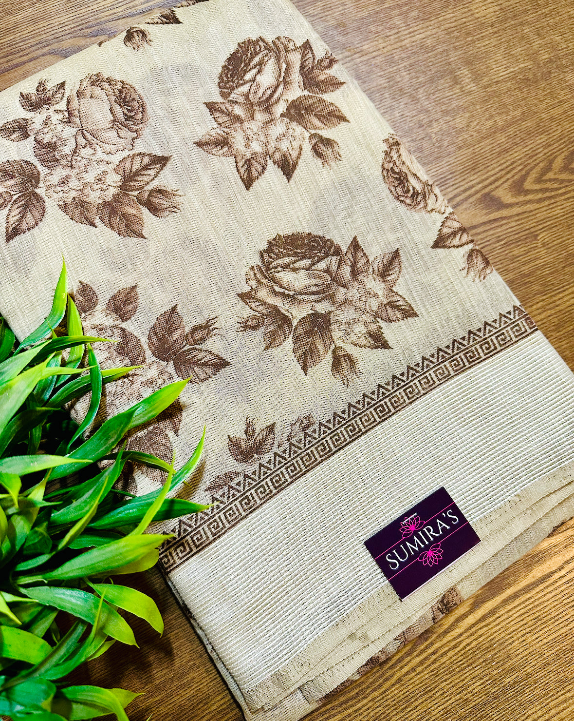 Beige Chanderi Cotton Floral Printed Saree