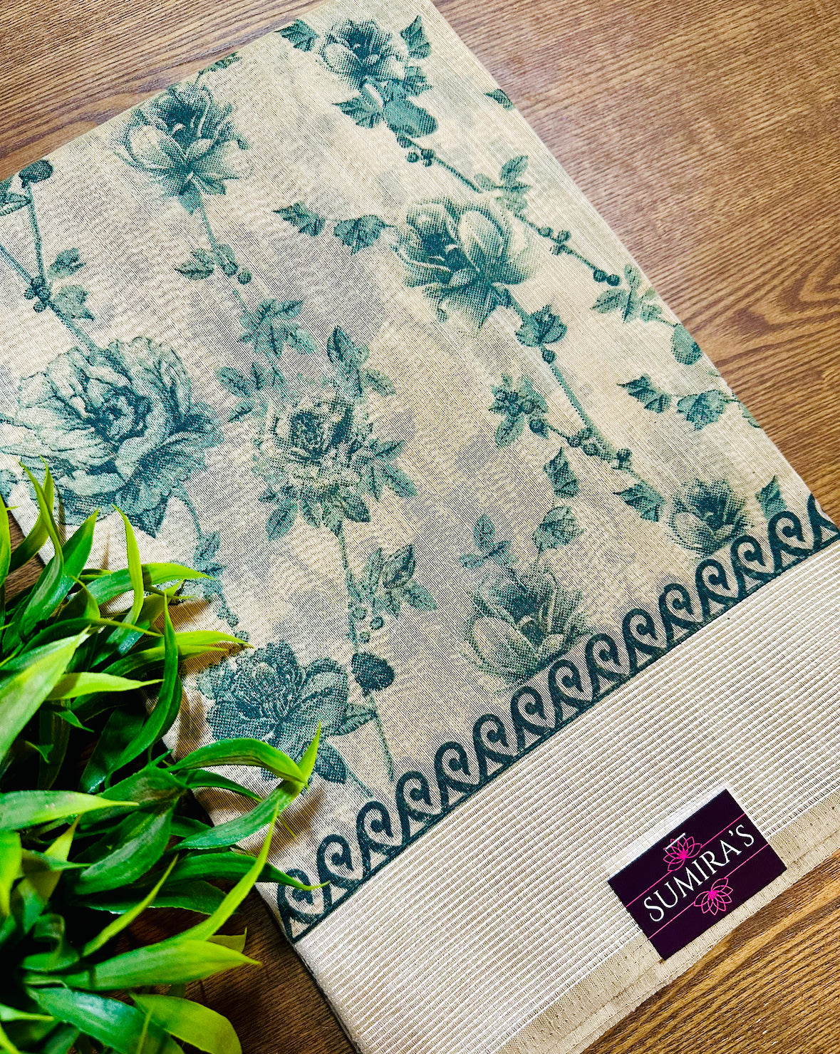 Beige Chanderi Cotton Floral Printed Saree