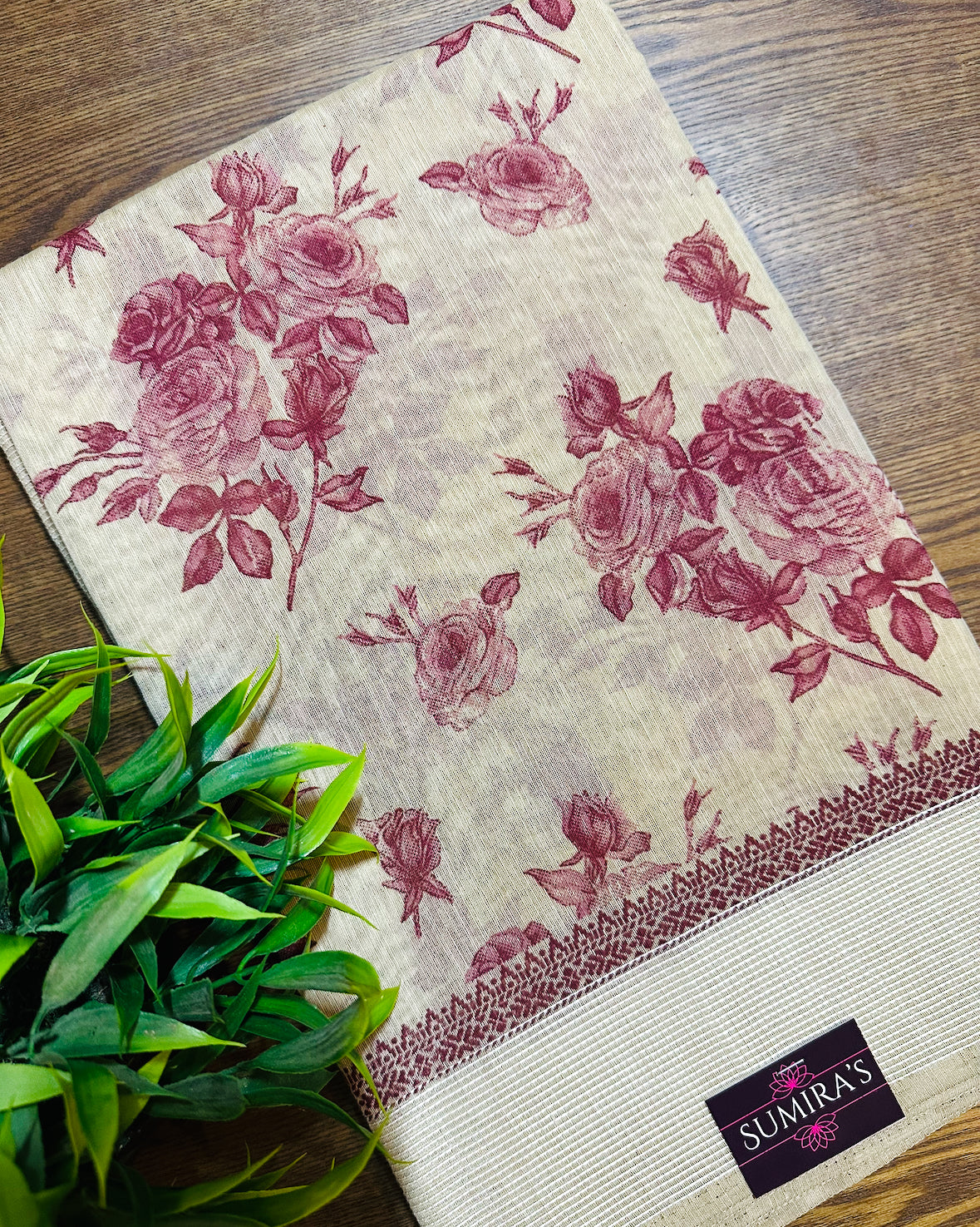 Beige Chanderi Cotton Floral Printed Saree