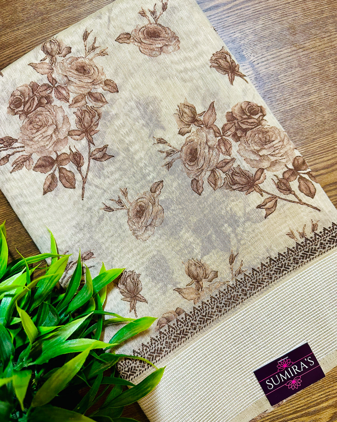 Beige Chanderi Cotton Floral Printed Saree