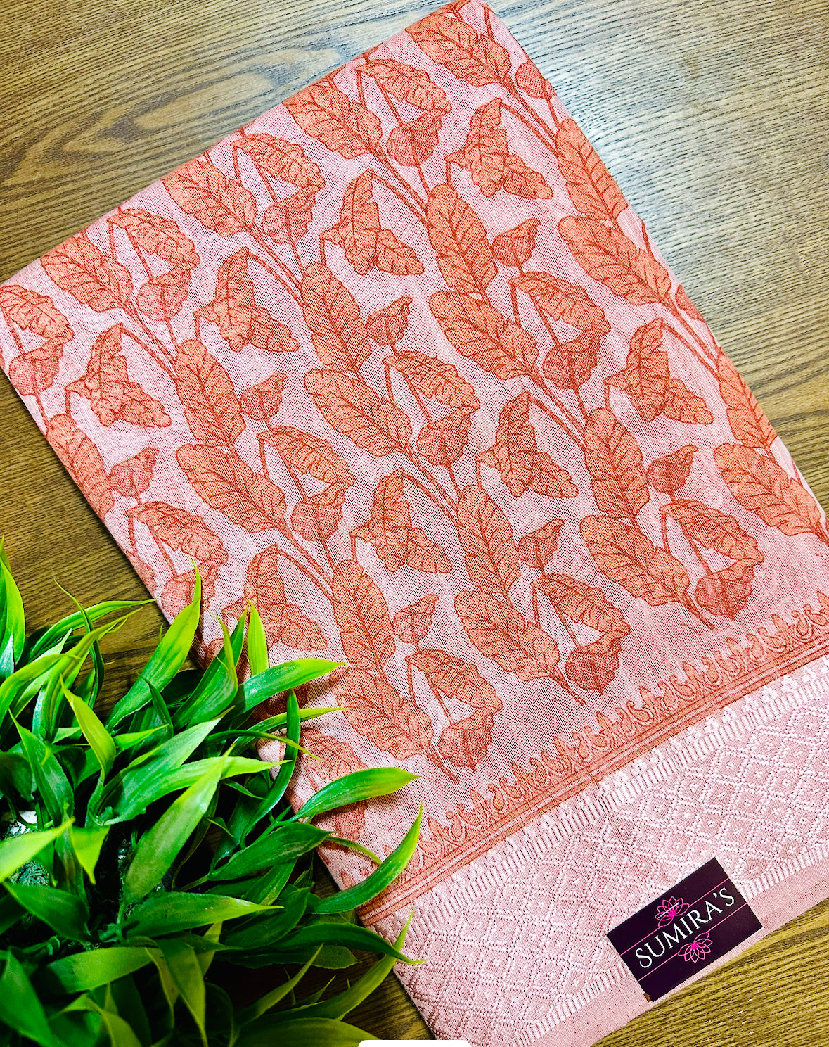 Orange Chanderi Cotton Leaf Printed Saree