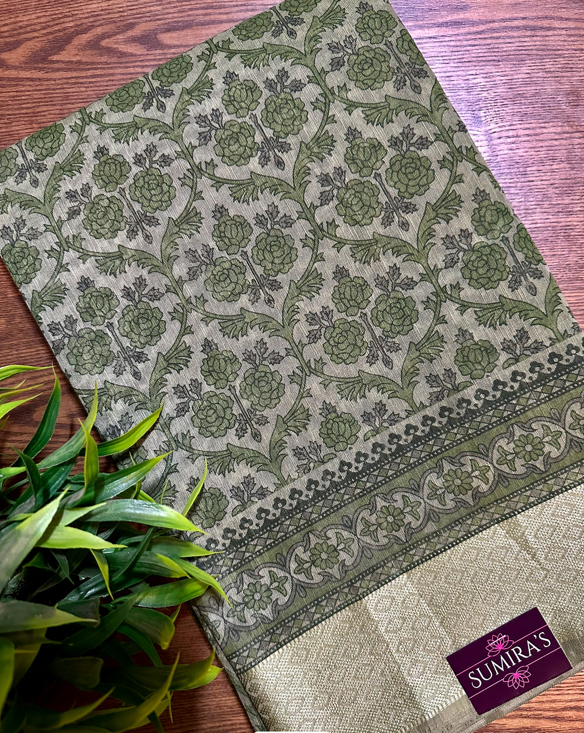 Green Chanderi Cotton Floral Printed Saree